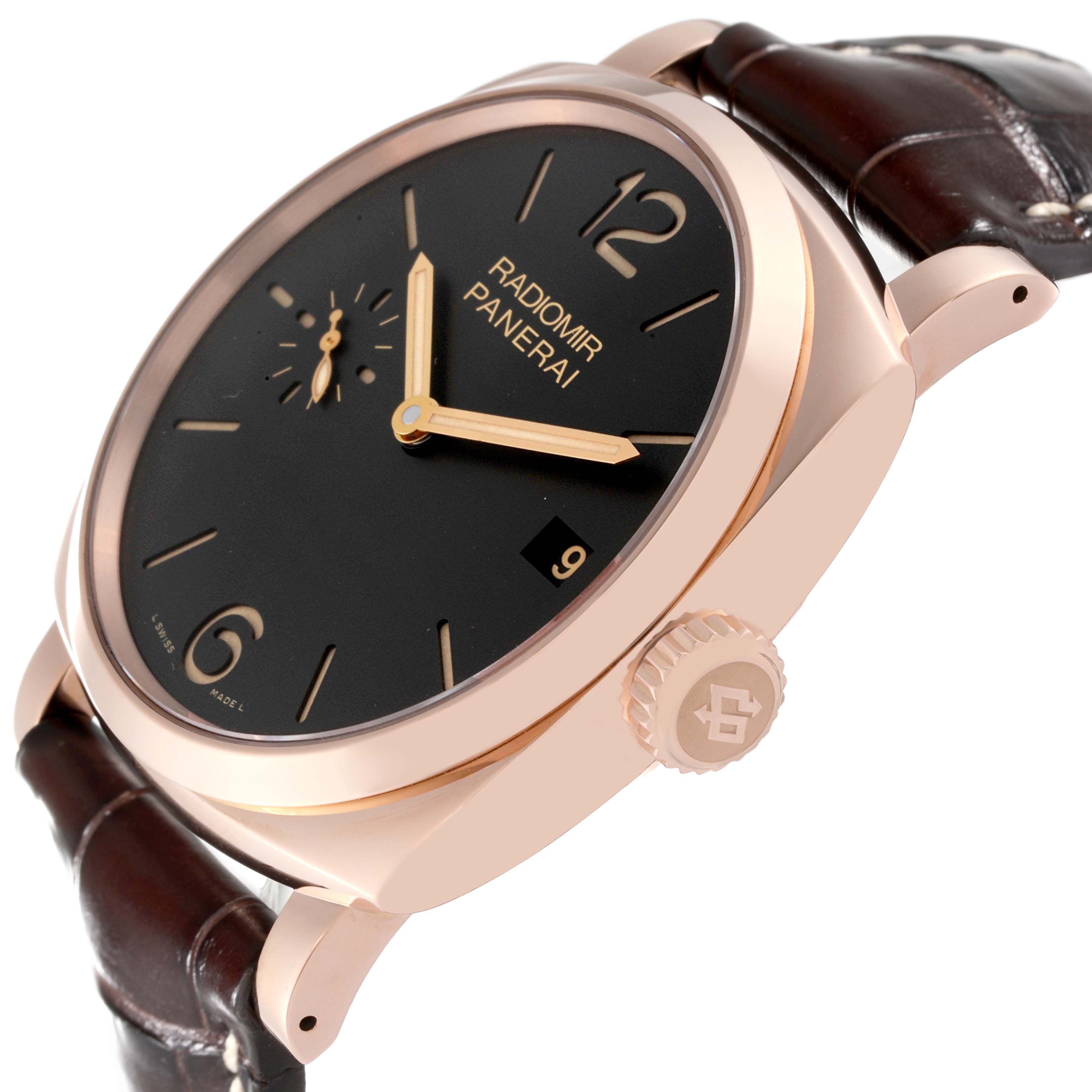 The image shows a Panerai Radiomir PAM00515 Men's Rose Gold Black Dial PAM00515 Men's Rose Gold Black Dial watch at a three-quarter angle, highlighting the crown, dial, and part of the leather strap.