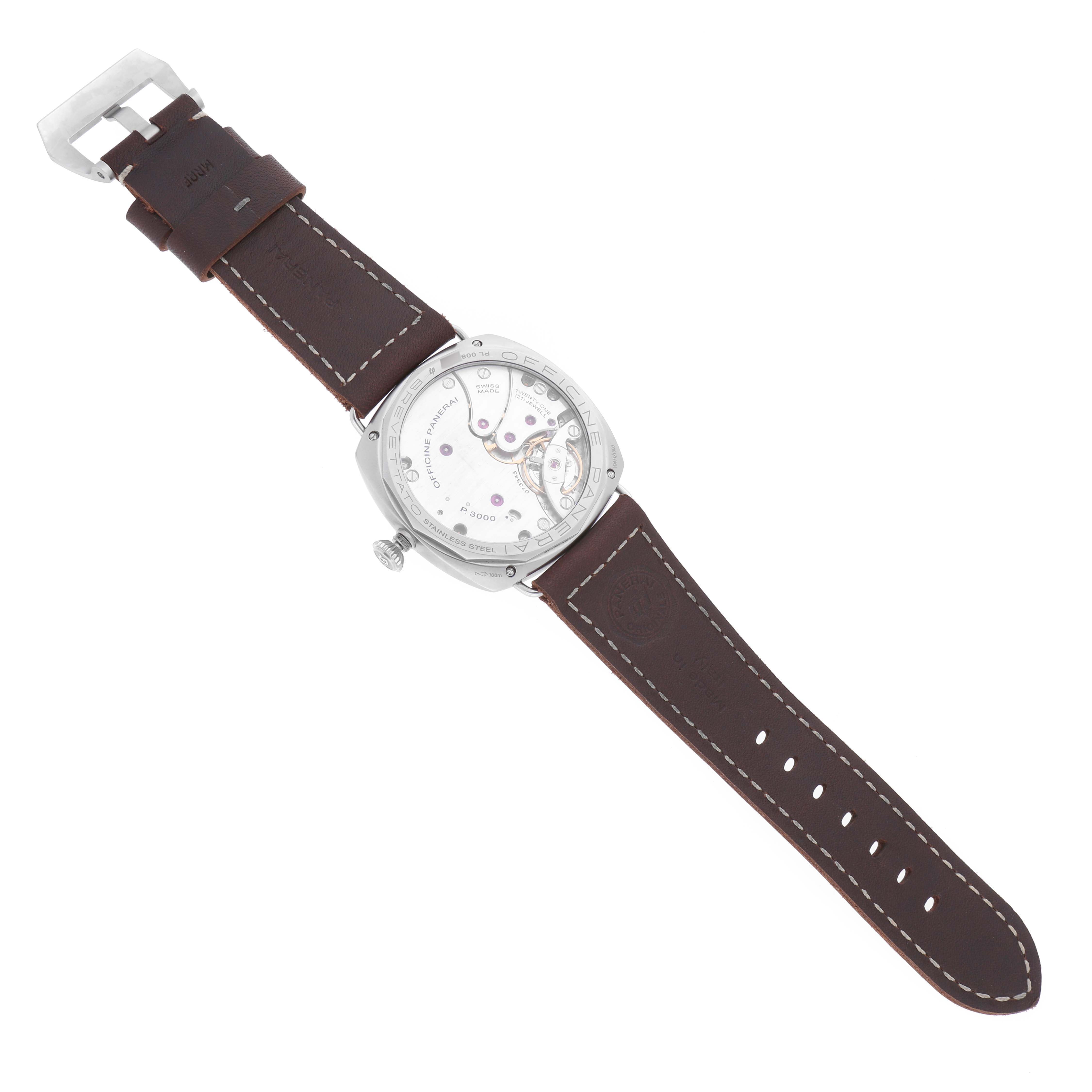 This image shows the back angle of a Panerai Radiomir PAM00931 Men's Stainless Steel Brown Dial PAM00931 Men's Stainless Steel Brown Dial watch, highlighting its transparent case back and brown leather strap.