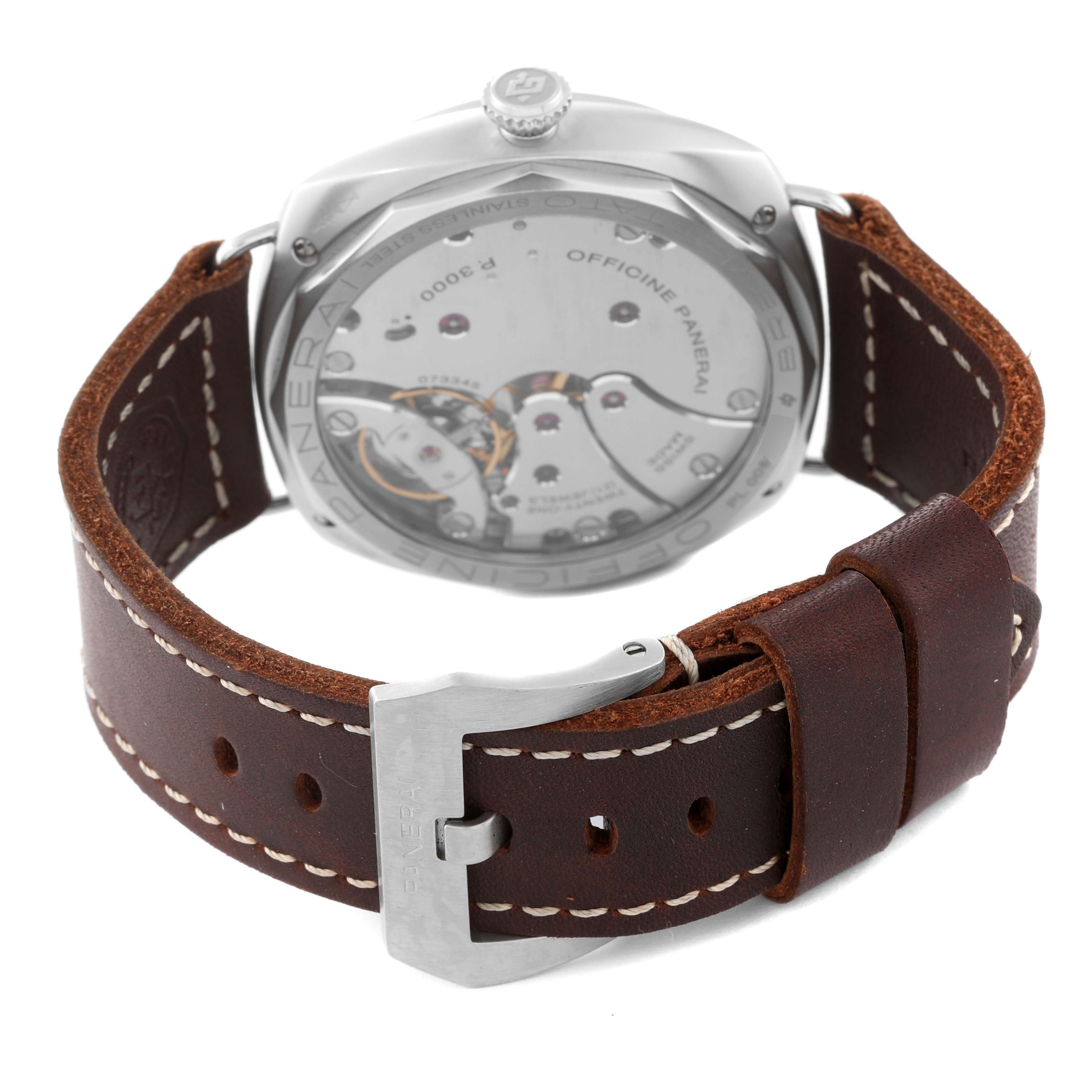 The image shows the back view of the Panerai Radiomir PAM00931 Men's Stainless Steel Brown Dial PAM00931 Men's Stainless Steel Brown Dial watch, highlighting the exhibition case back and brown leather strap with a buckle.