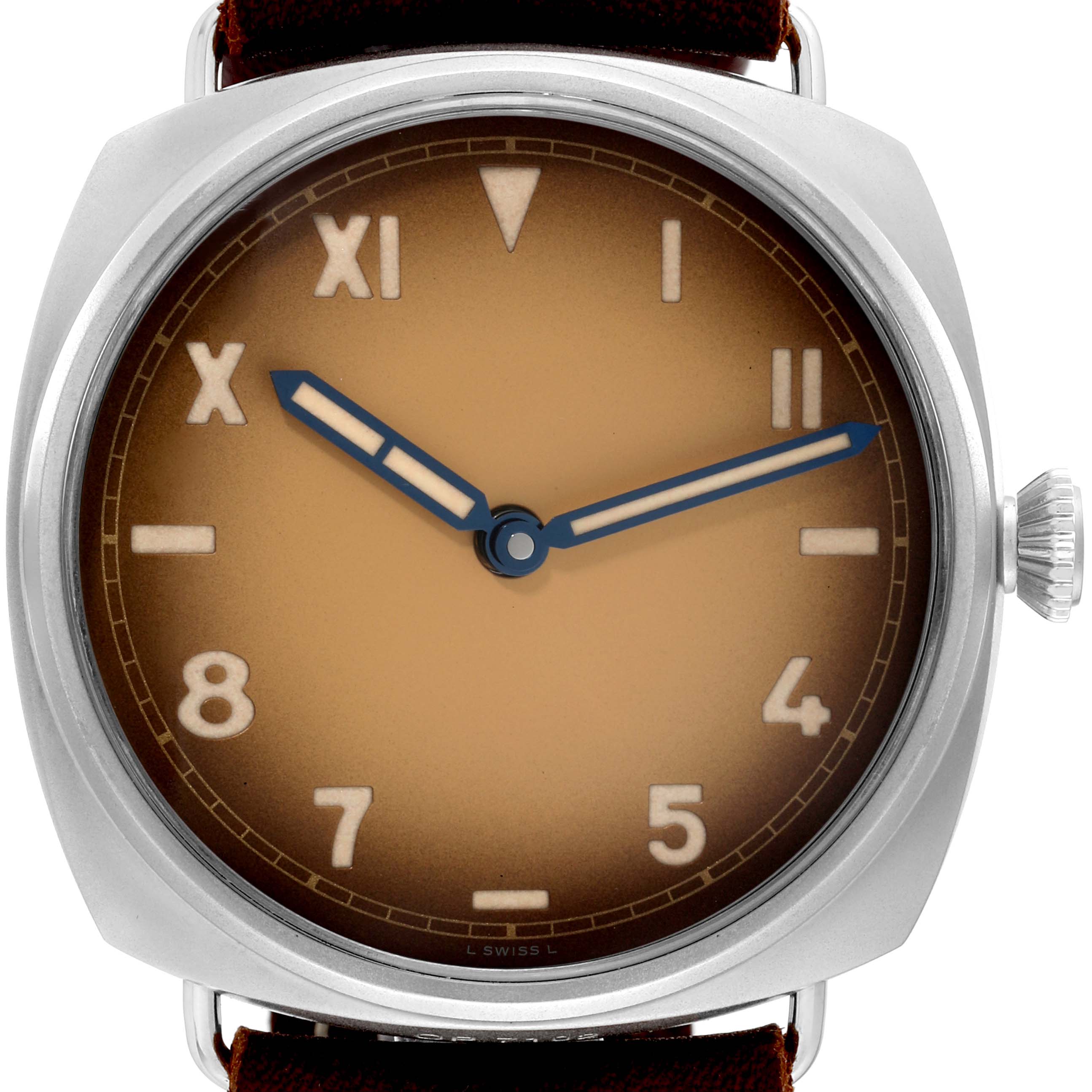 The image shows a front view of a Panerai Radiomir PAM00931 Men's Stainless Steel Brown Dial PAM00931 Men's Stainless Steel Brown Dial watch, highlighting its dial, hands, and crown.