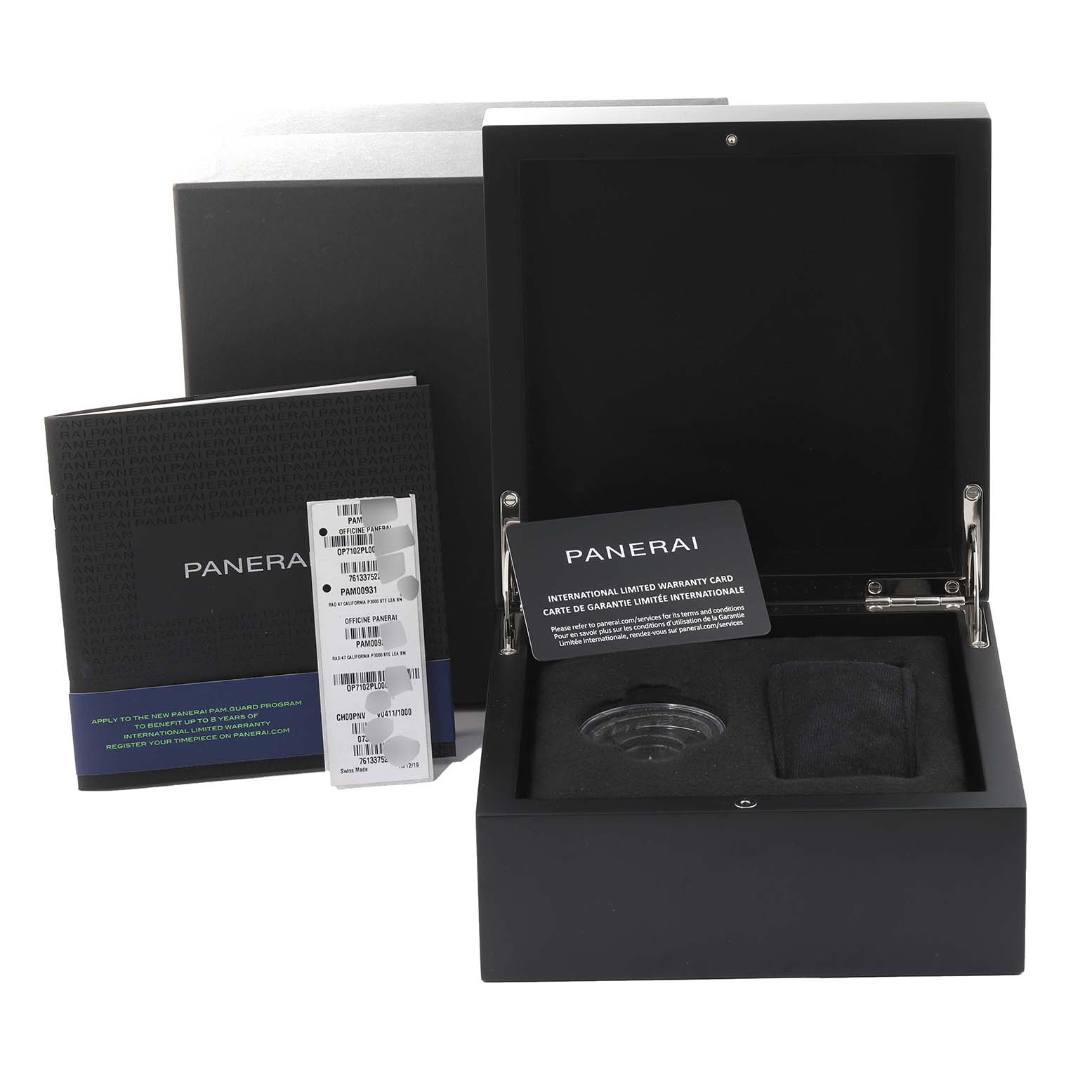 The image shows an open Panerai Radiomir PAM00931 Men's Stainless Steel Brown Dial PAM00931 Men's Stainless Steel Brown Dial watch box with warranty cards, booklets, and an outer case.