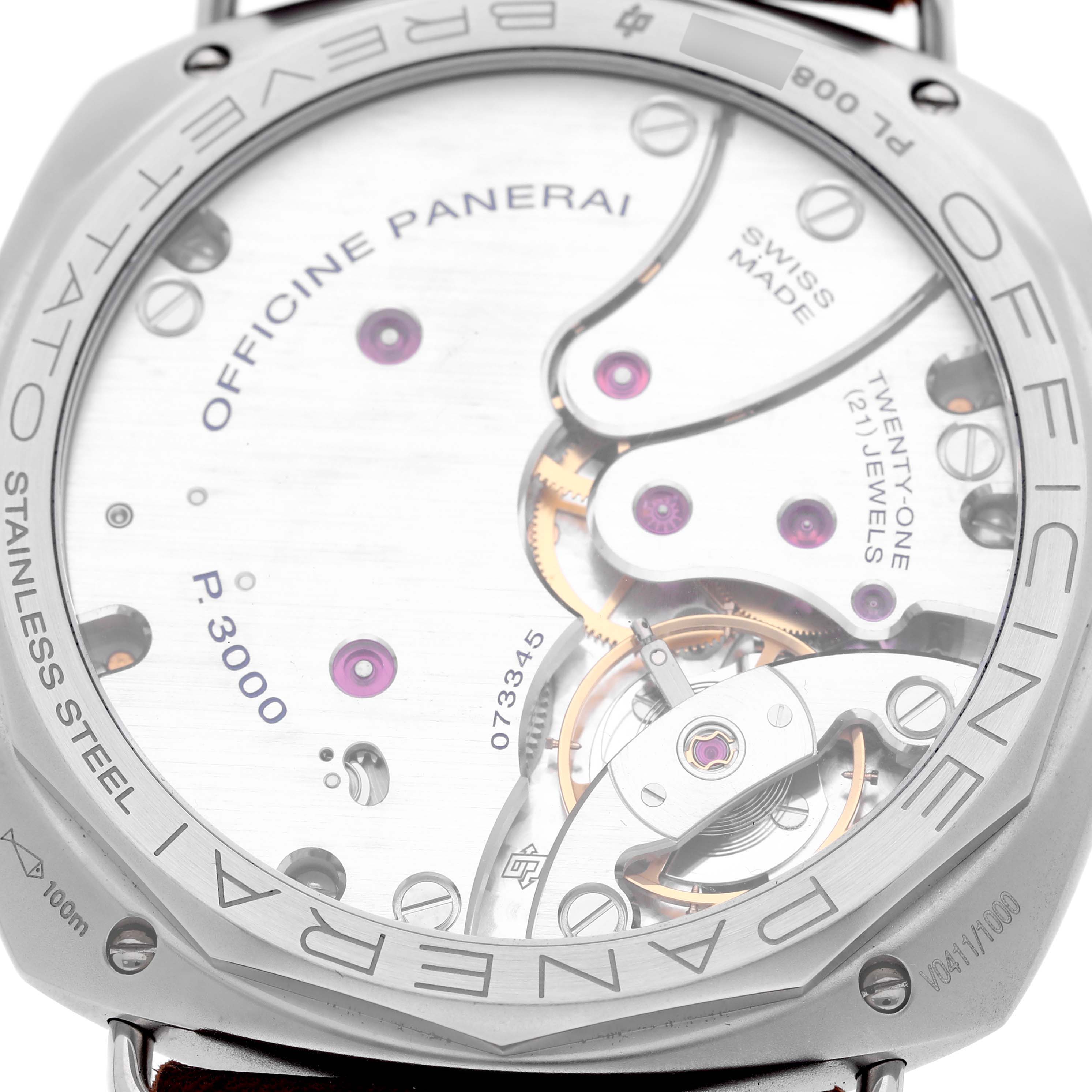 The image shows the case back of a Panerai Radiomir PAM00931 Men's Stainless Steel Brown Dial PAM00931 Men's Stainless Steel Brown Dial watch, revealing the mechanical movement inside.