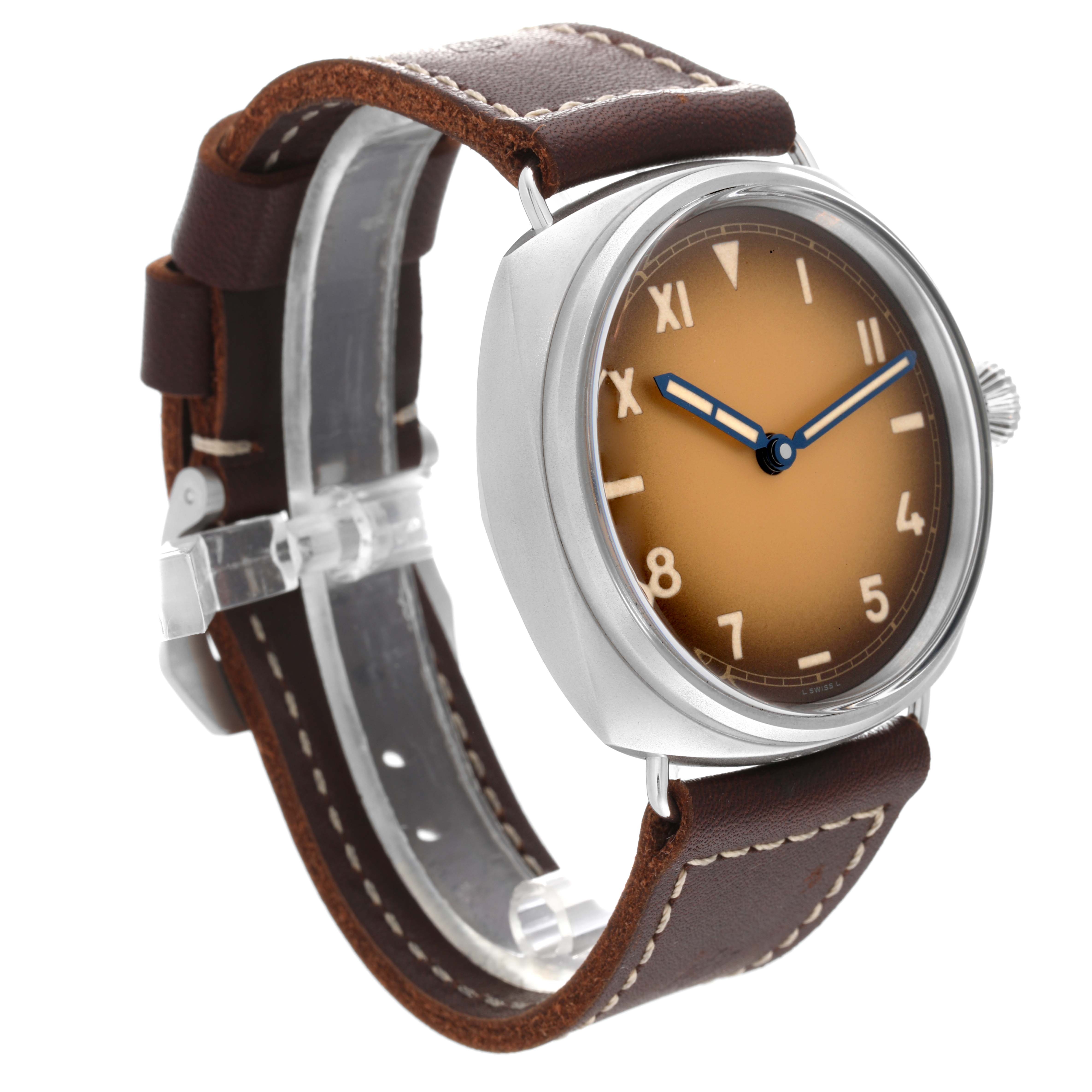 This image shows the Panerai Radiomir PAM00931 Men's Stainless Steel Brown Dial PAM00931 Men's Stainless Steel Brown Dial watch from an angled side view, displaying the dial, crown, and leather strap.