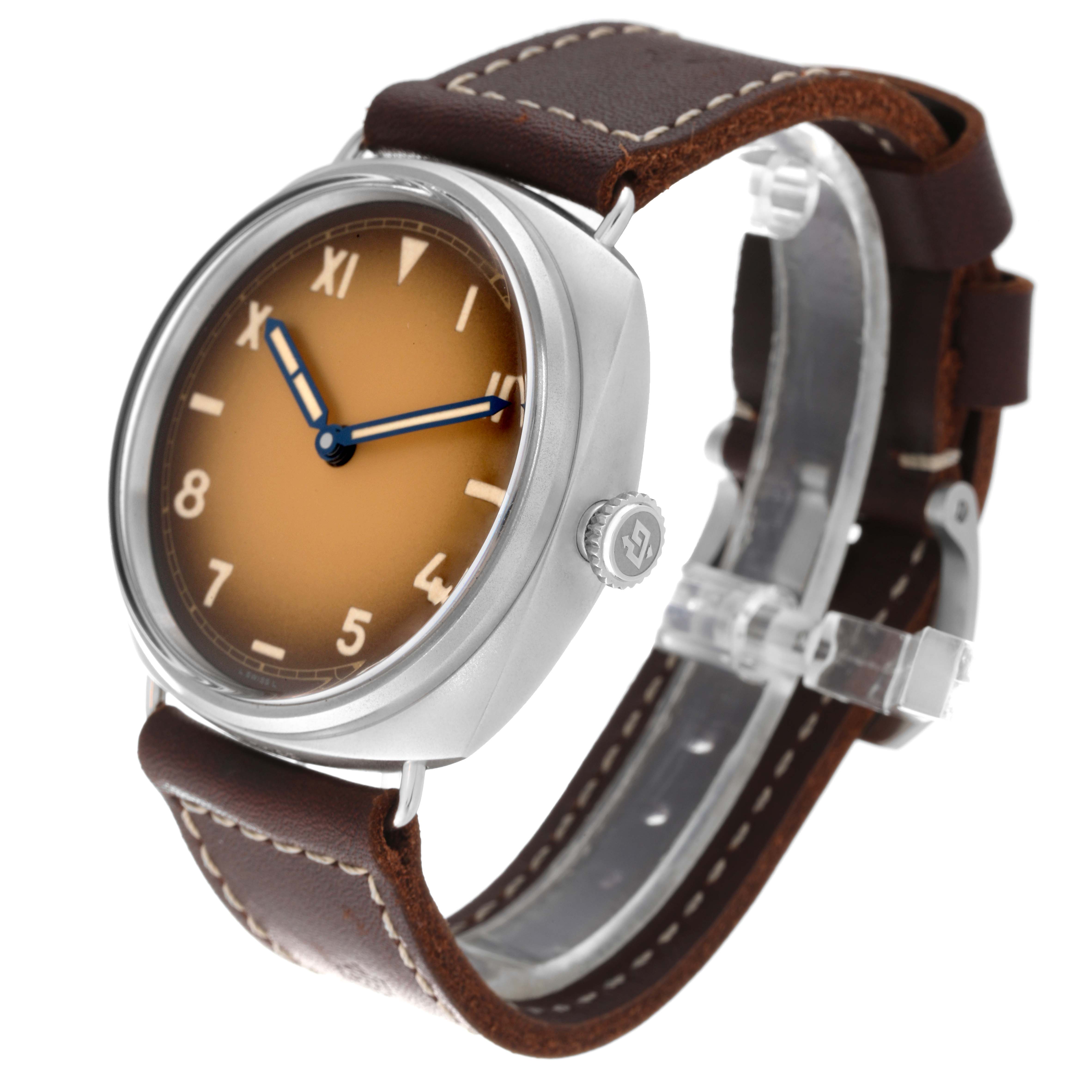 The image shows a side-angle view of a Panerai Radiomir PAM00931 Men's Stainless Steel Brown Dial PAM00931 Men's Stainless Steel Brown Dial watch highlighting the dial, case, crown, and brown leather strap.