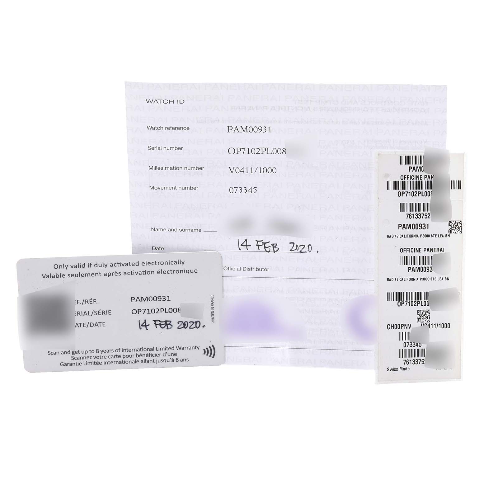 This image shows documentation and warranty cards for the Radiomir model by Panerai, including reference and serial numbers.