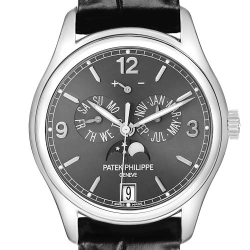 The Patek Philippe Complications 5146G-001 Men's White Gold Grey Dial model is shown from the front, displaying dials for day, month, and moon phase.