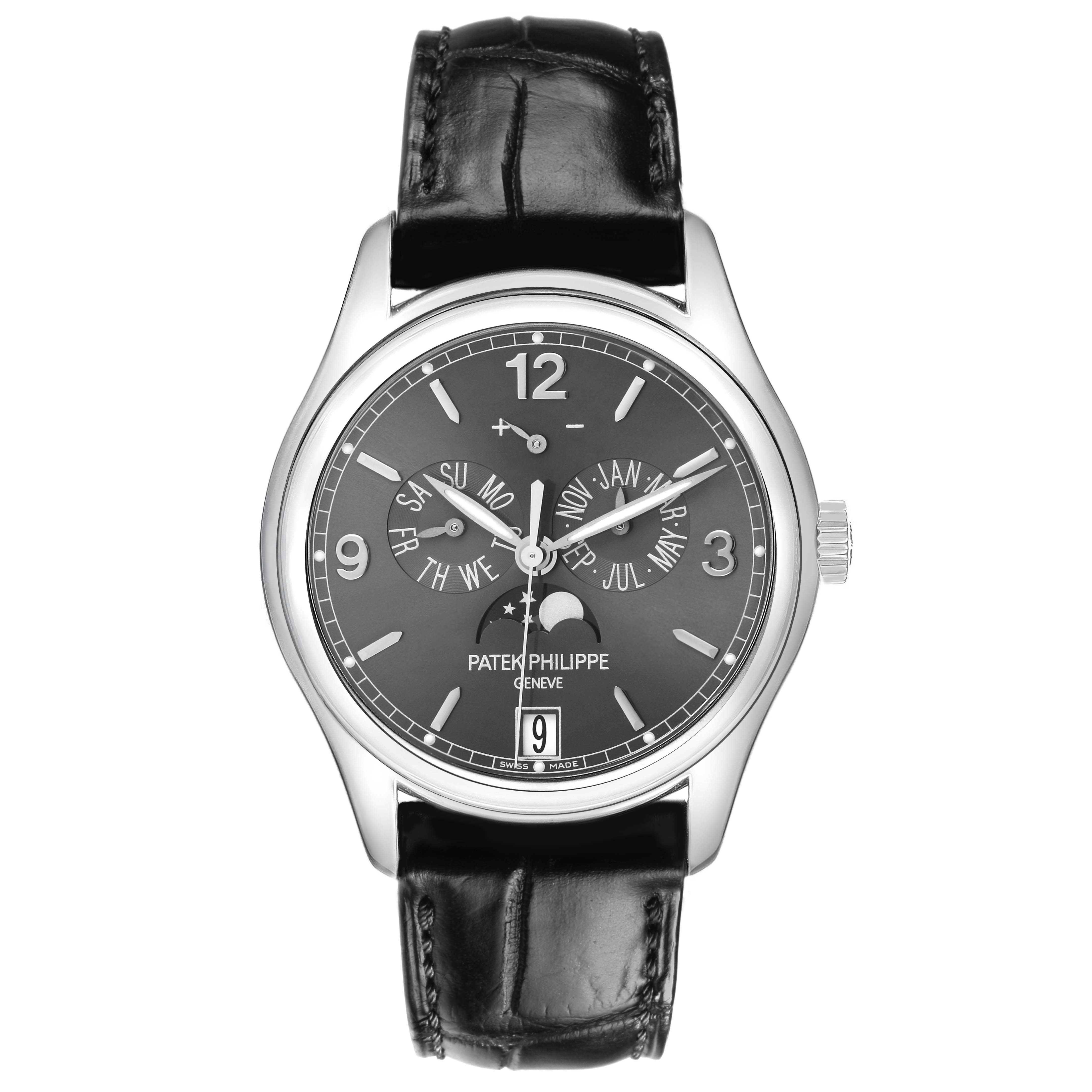 The watch is a Patek Philippe Complications 5146G-001 Men's White Gold Grey Dial model shown from the front, displaying the face, hands, and complications.