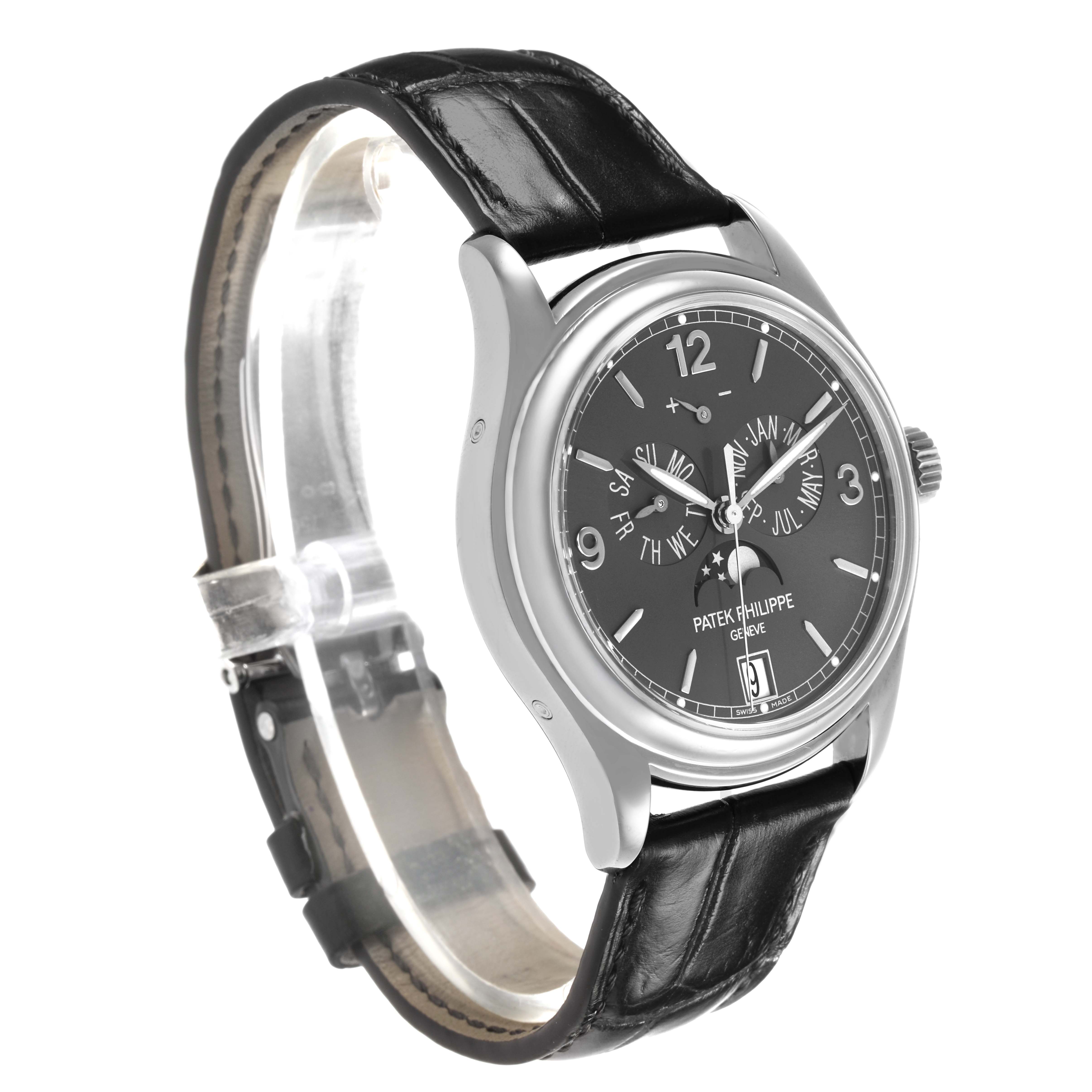 The Patek Philippe Complications 5146G-001 Men's White Gold Grey Dial watch is shown at a three-quarter angle, highlighting the dial, case, and leather strap.
