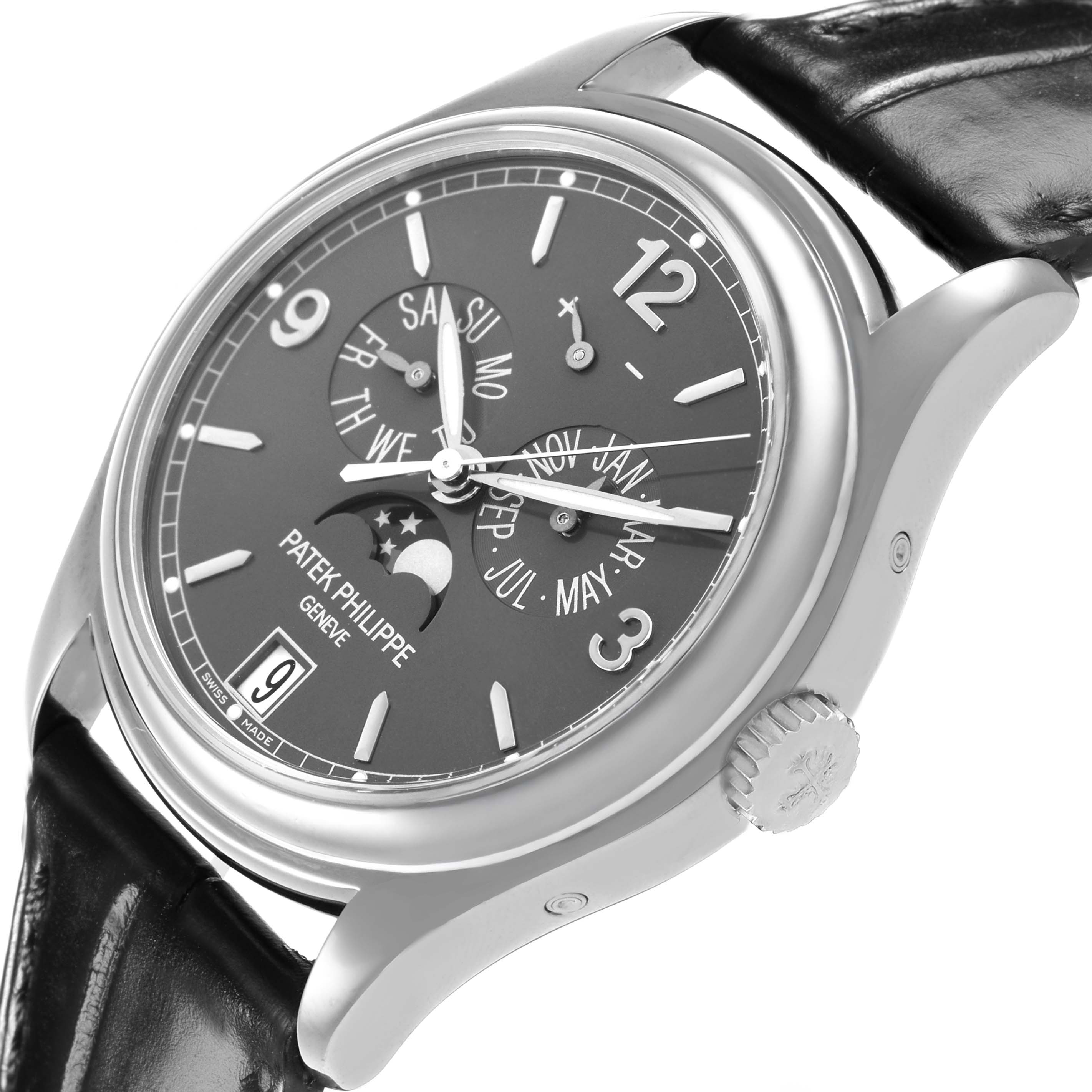 The Patek Philippe Complications 5146G-001 Men's White Gold Grey Dial model is shown at a slight angle, highlighting the dial, crown, and black leather strap.