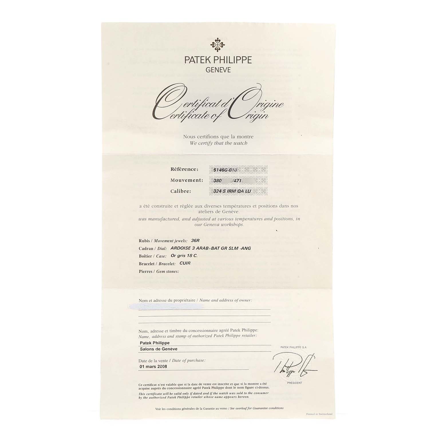 The image shows the Certificate of Origin for a Patek Philippe Complications 5146G-001 Men's White Gold Grey Dial watch, displaying model details.