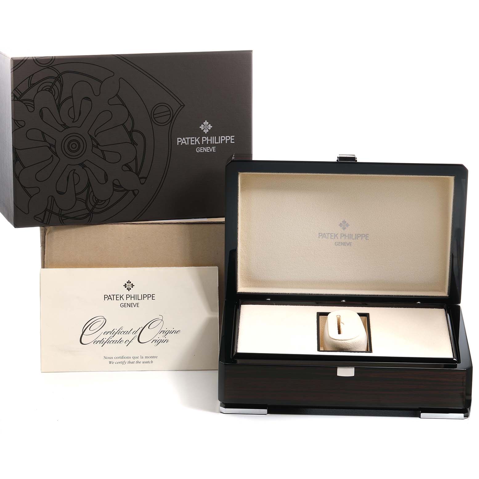 The image shows the packaging and display box for a Patek Philippe Complications 5146G-001 Men's White Gold Grey Dial watch, along with a Certificate of Origin.