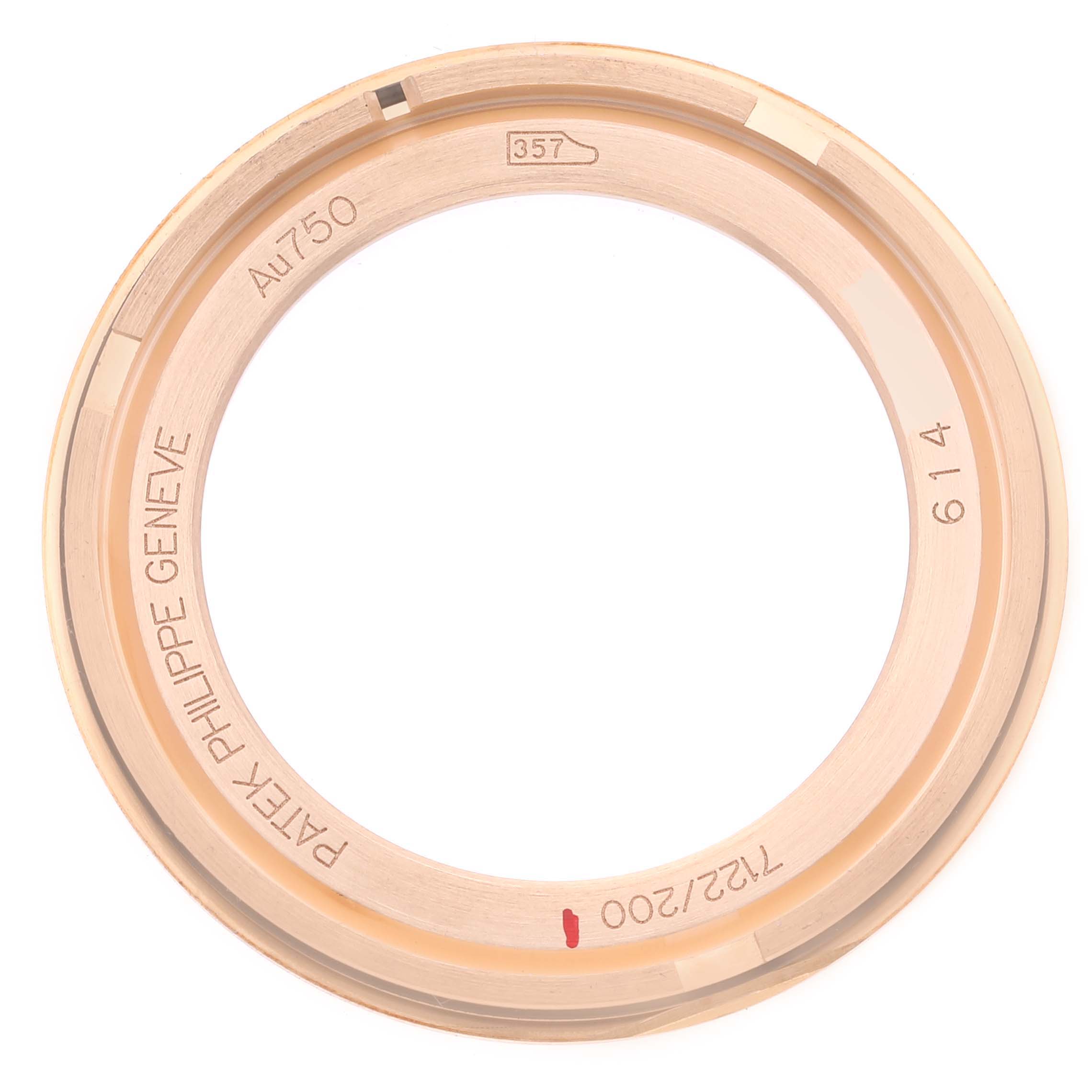 This image shows the bezel ring for the Calatrava model by Patek Philippe from a top-down angle.