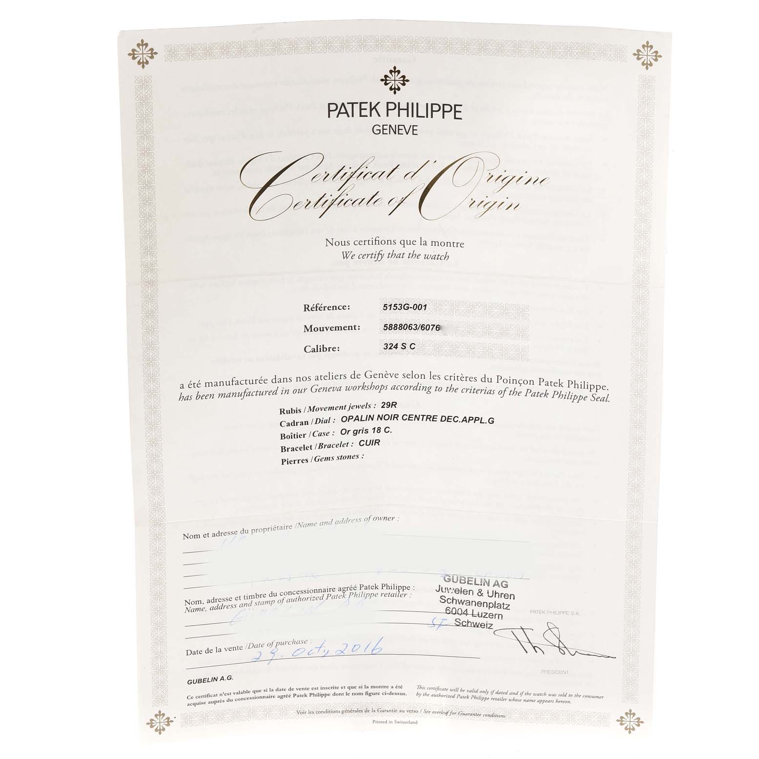 The image shows the Certificate of Origin for a Calatrava model by Patek Philippe, with details such as reference number and specifications.