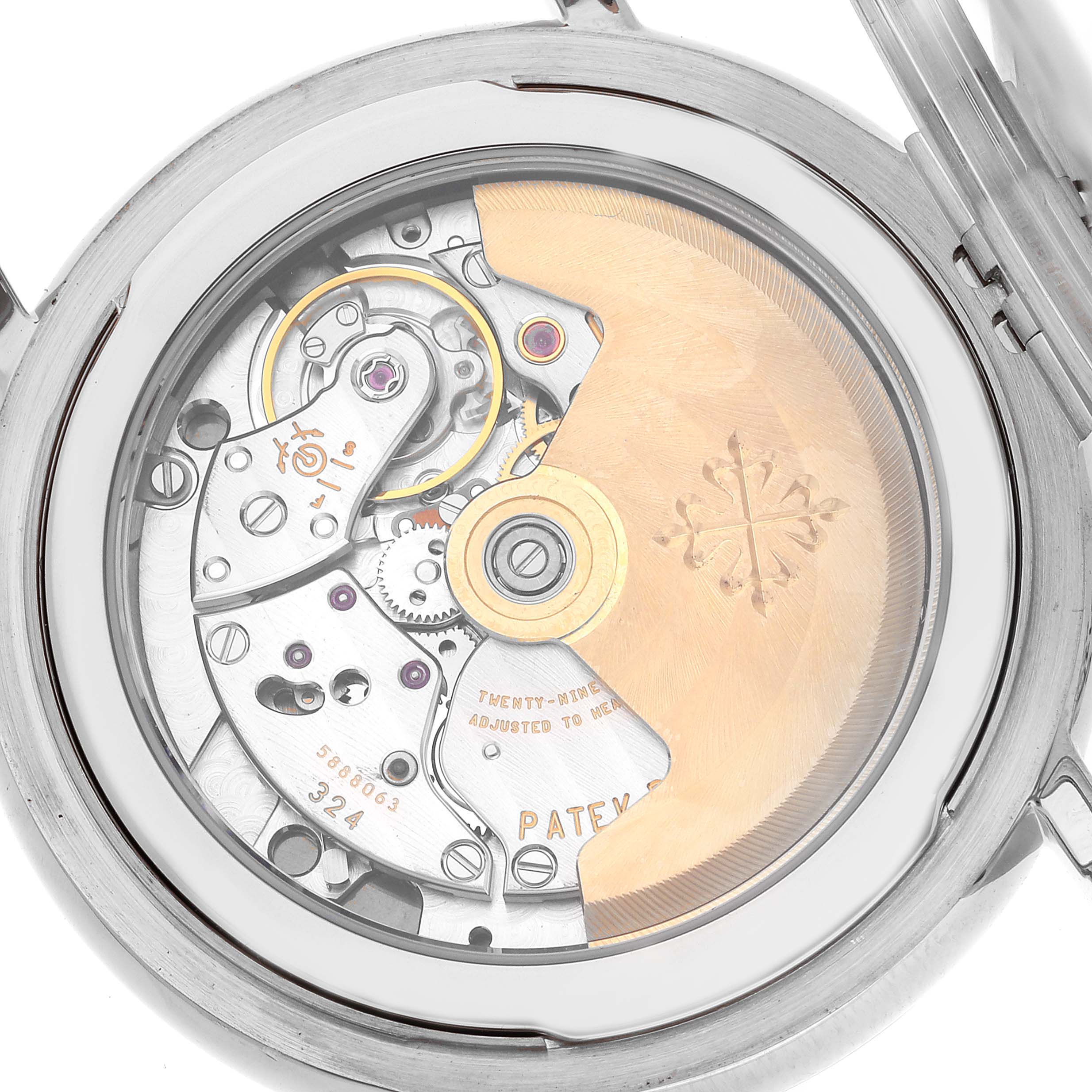 This image shows the back view of the Patek Philippe Calatrava 5153G Men's White Gold Black Dial 5153G Men's White Gold Black Dial watch, highlighting its intricate movement.