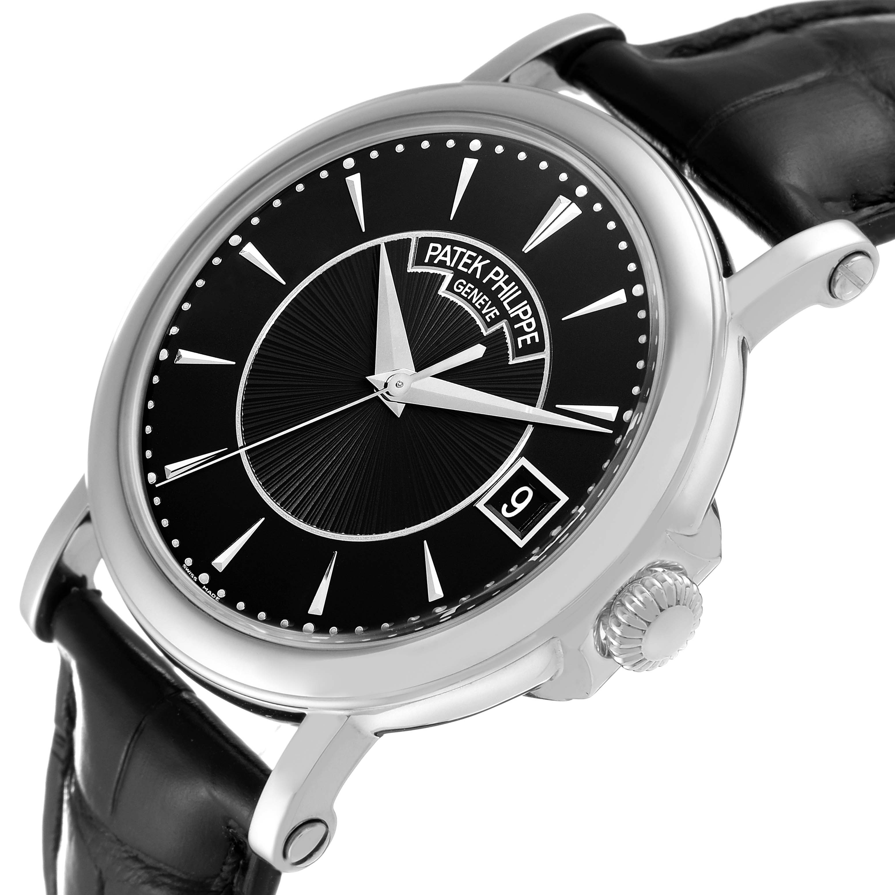 The Patek Philippe Calatrava 5153G Men's White Gold Black Dial 5153G Men's White Gold Black Dial watch is shown at an angled close-up, highlighting its black dial, crown, and leather strap.