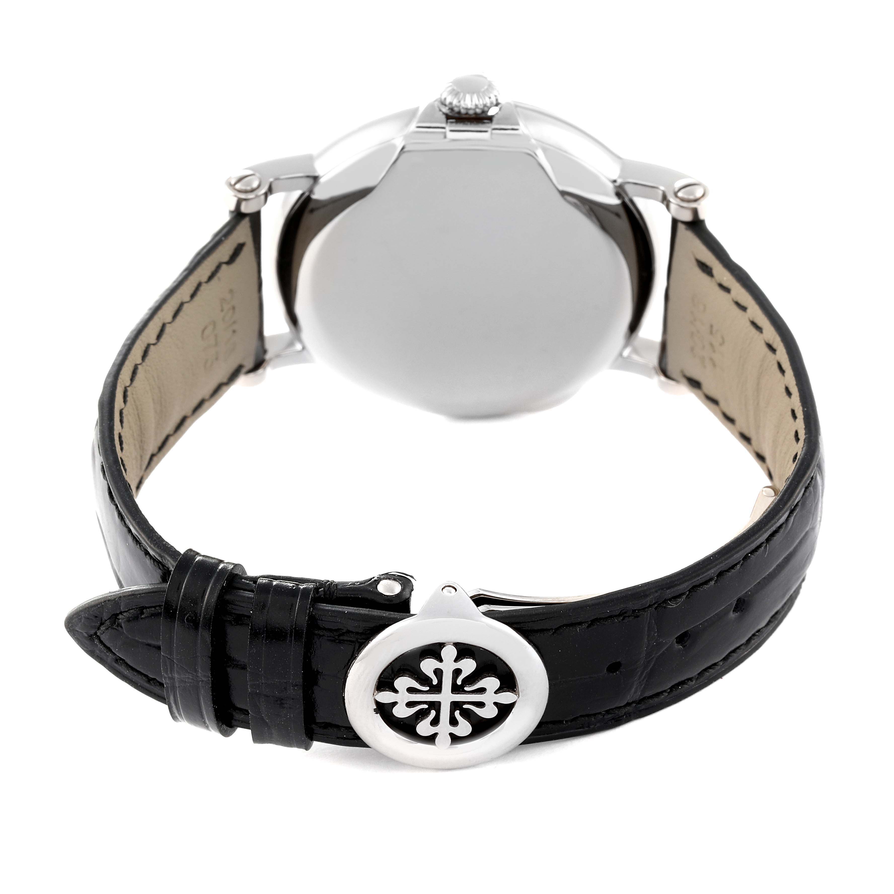 The image shows the back view of a Patek Philippe Calatrava 5153G Men's White Gold Black Dial 5153G Men's White Gold Black Dial watch, focusing on the case back and leather strap with the clasp.