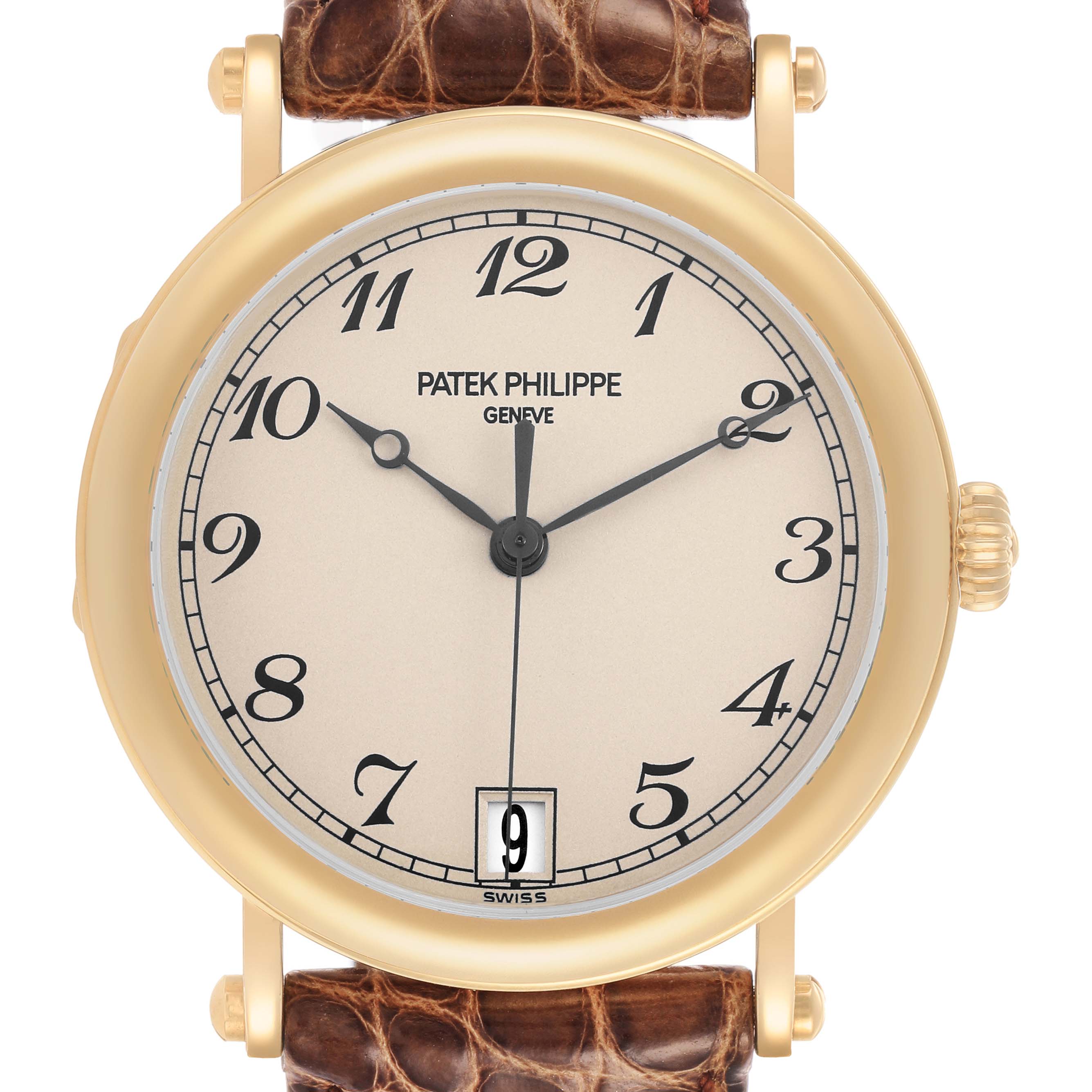 The image shows a front view of the Patek Philippe Calatrava 5053J Men's Yellow Gold White Dial watch, highlighting the dial, case, and leather strap.
