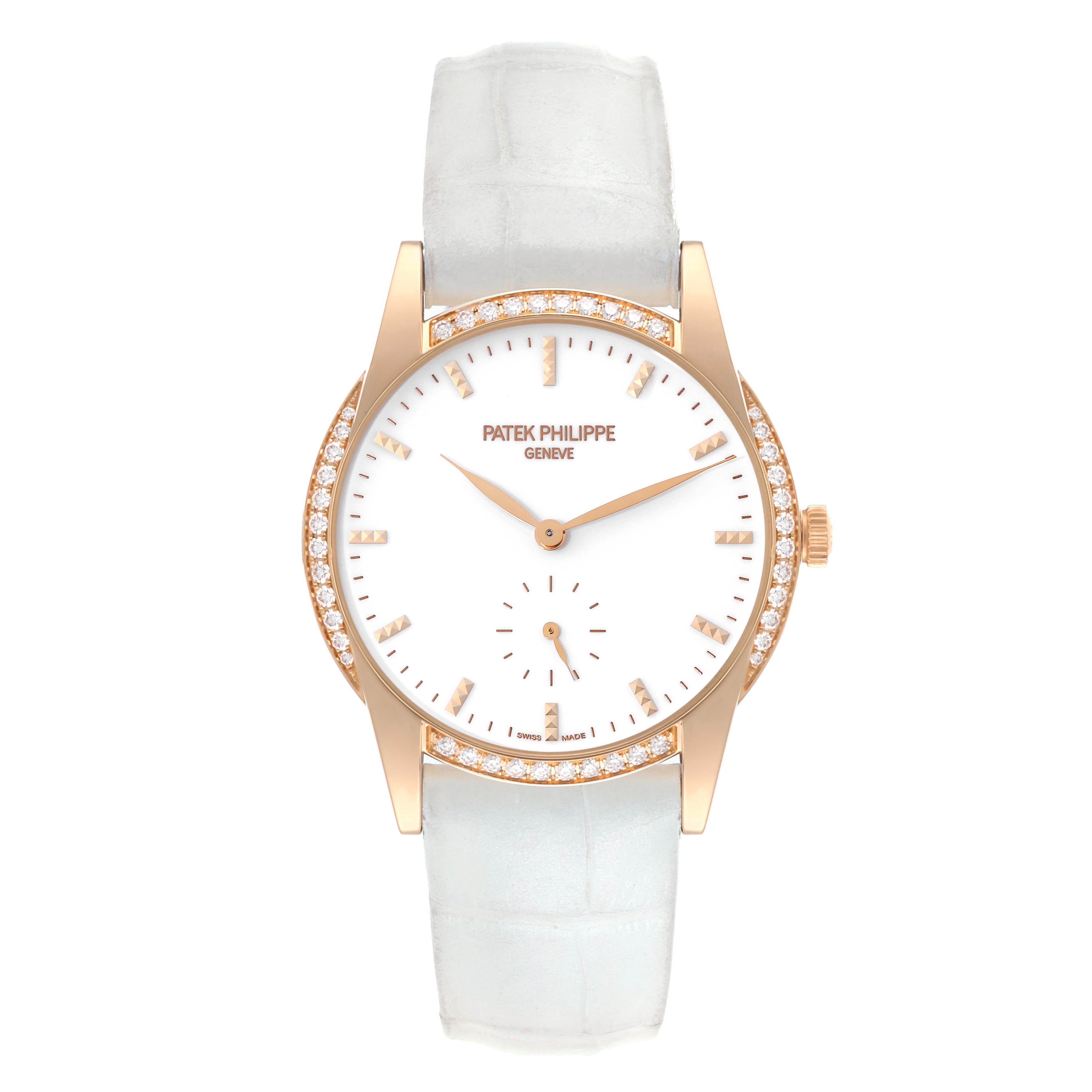 The image shows a Patek Philippe Calatrava 7122/200R Women's Rose Gold White Dial 7122/200R Women's Rose Gold White Dial watch from a front view, highlighting its face, bezel, and crocodile strap.