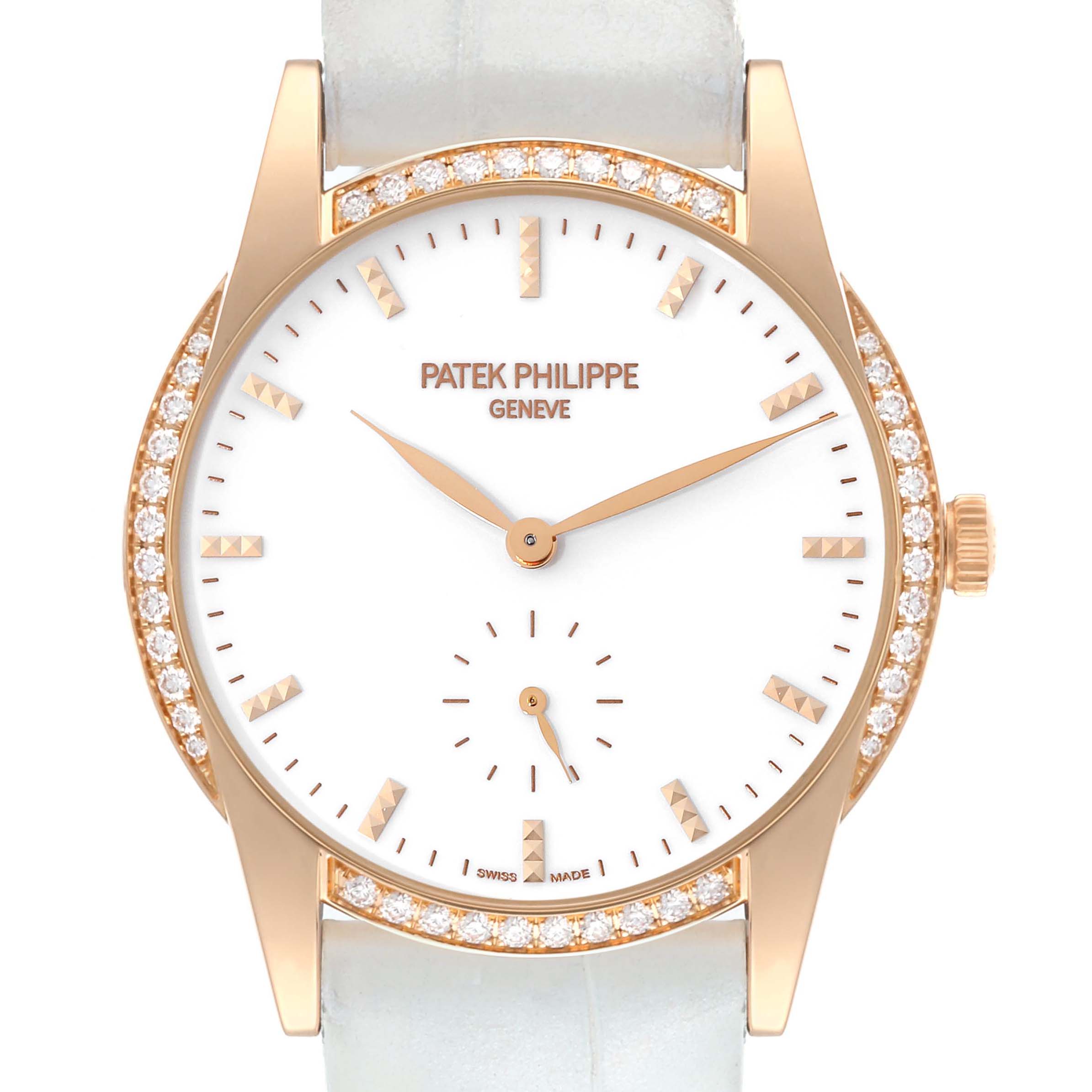 This image shows a front angle view of the Patek Philippe Calatrava 7122/200R Women's Rose Gold White Dial 7122/200R Women's Rose Gold White Dial watch, highlighting its dial, hands, diamond bezel, and lugs.