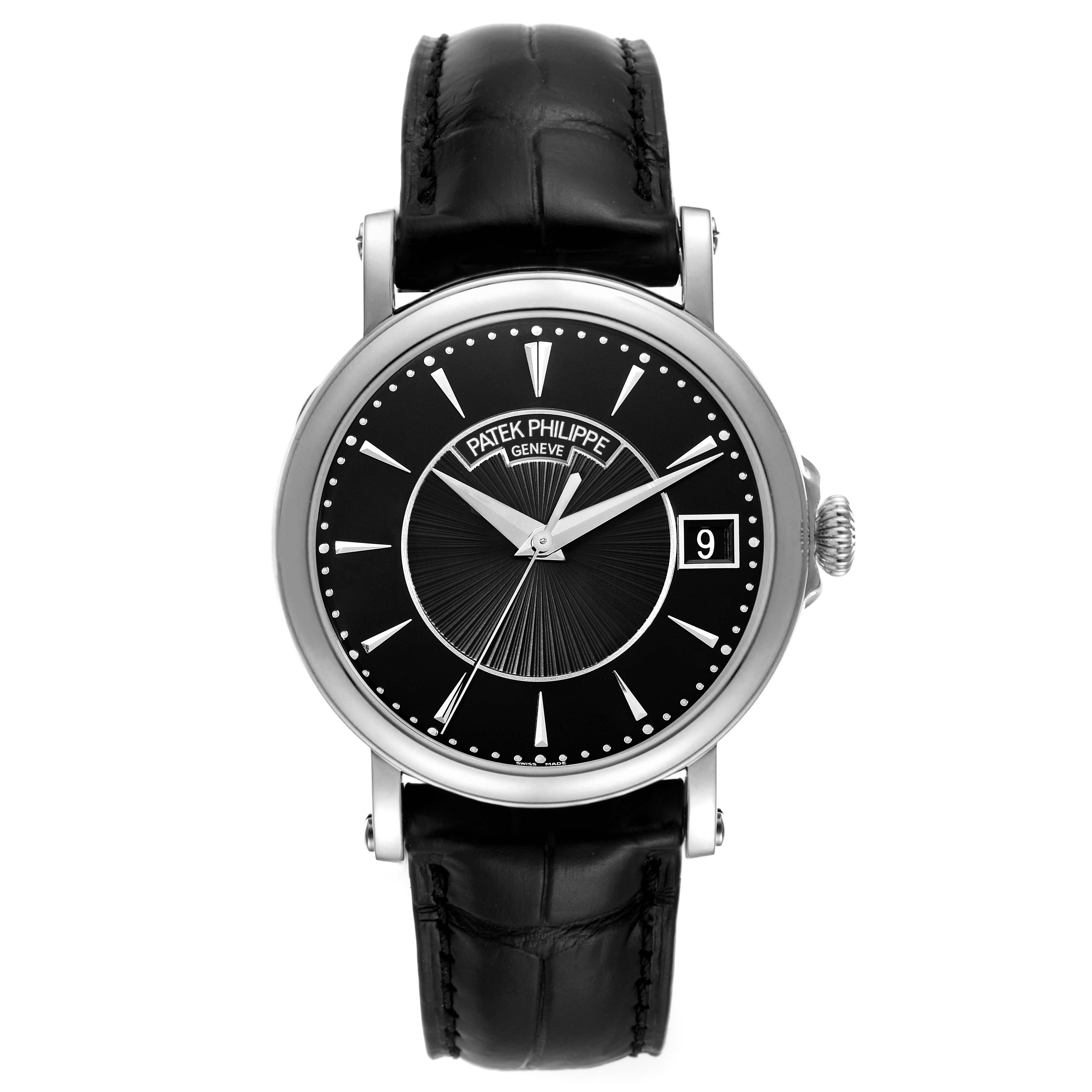 The image shows a front view of the Patek Philippe Calatrava 5153G Men's White Gold Black Dial 5153G Men's White Gold Black Dial watch, including the dial, hands, and leather strap.