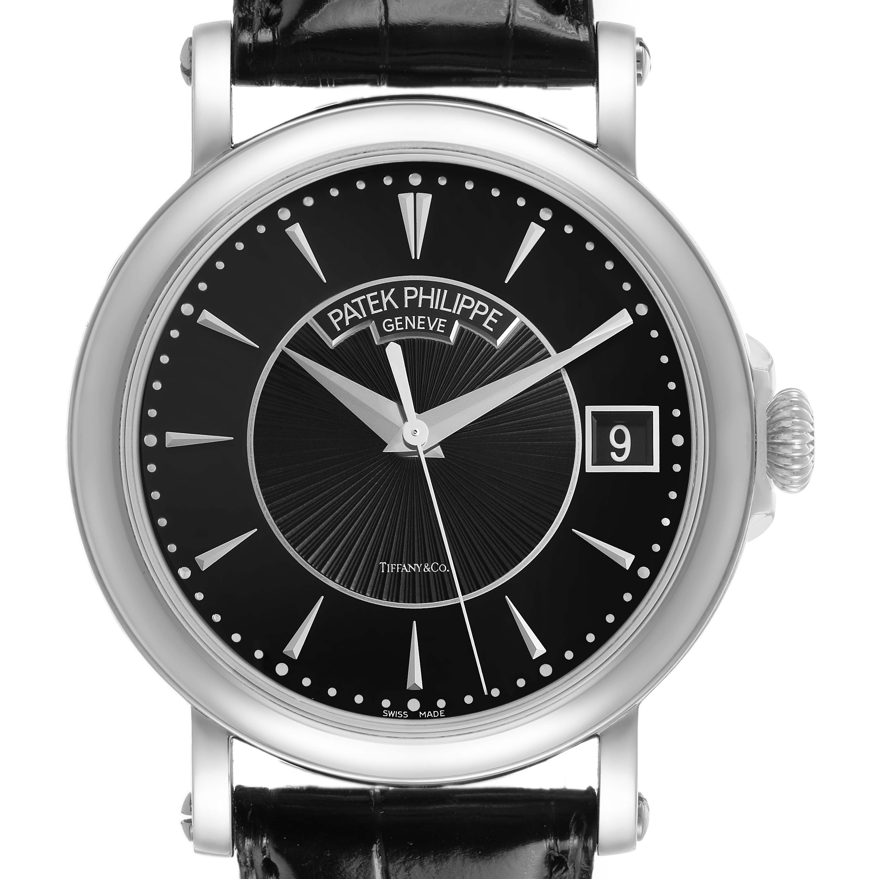 The Patek Philippe Calatrava 5153G-001 Men's White Gold Black Dial watch is shown from a front view, displaying its black dial, date window, and leather strap.