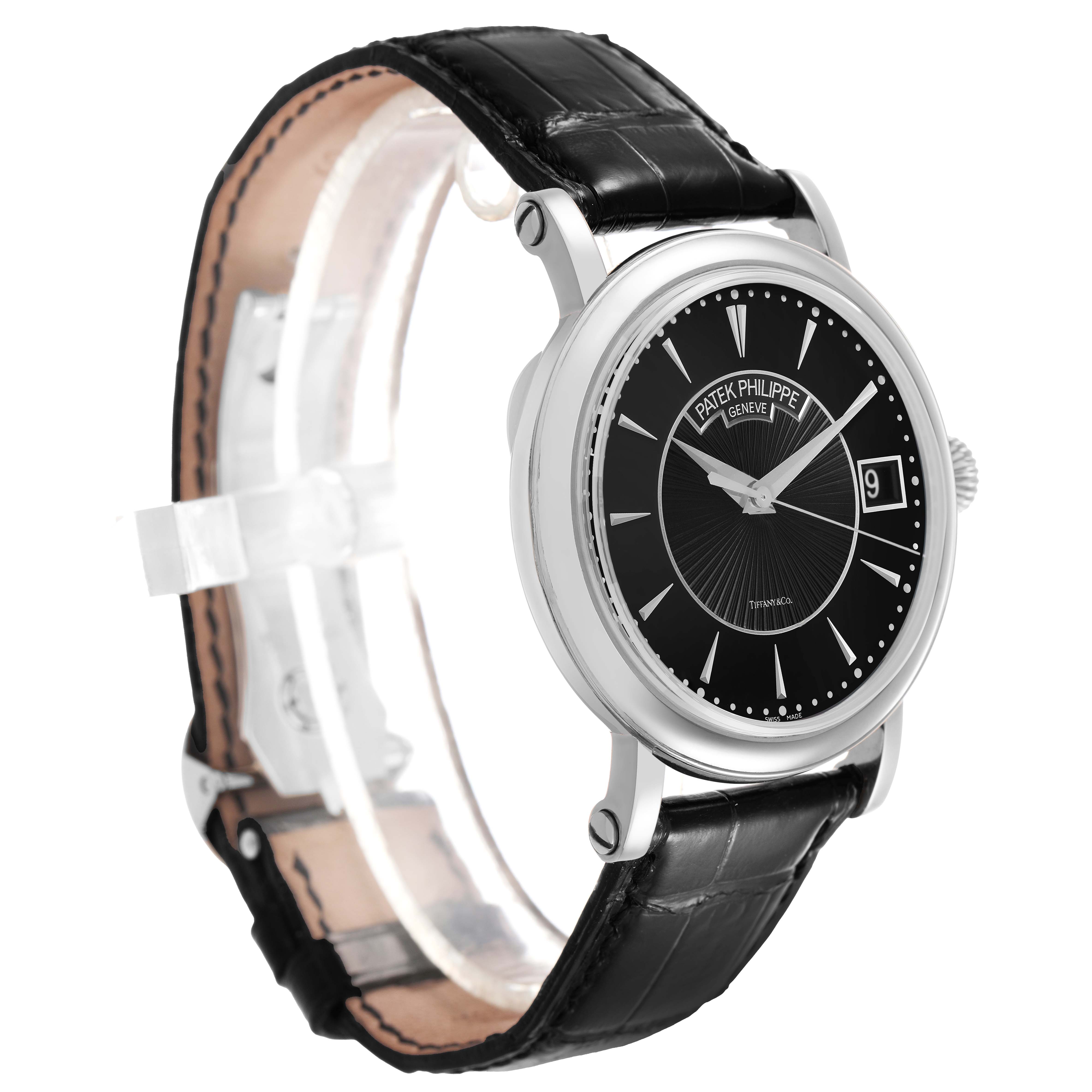 The Patek Philippe Calatrava 5153G-001 Men's White Gold Black Dial watch is shown at a slight angle, highlighting the face, black leather strap, and side crown.