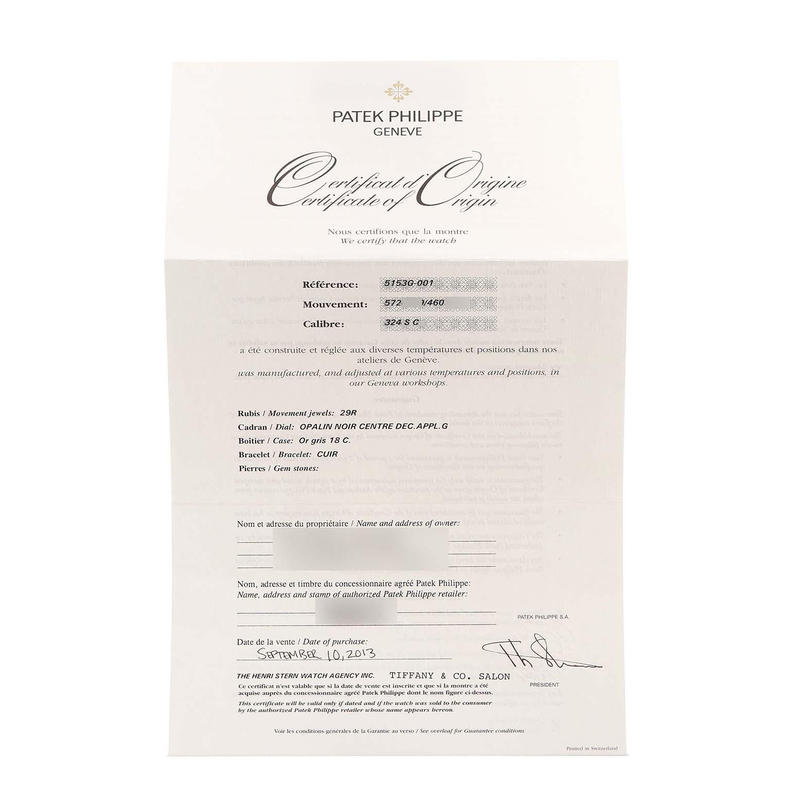 The image shows a Patek Philippe Calatrava 5153G-001 Men's White Gold Black Dial Certificate of Origin with details and signatures.
