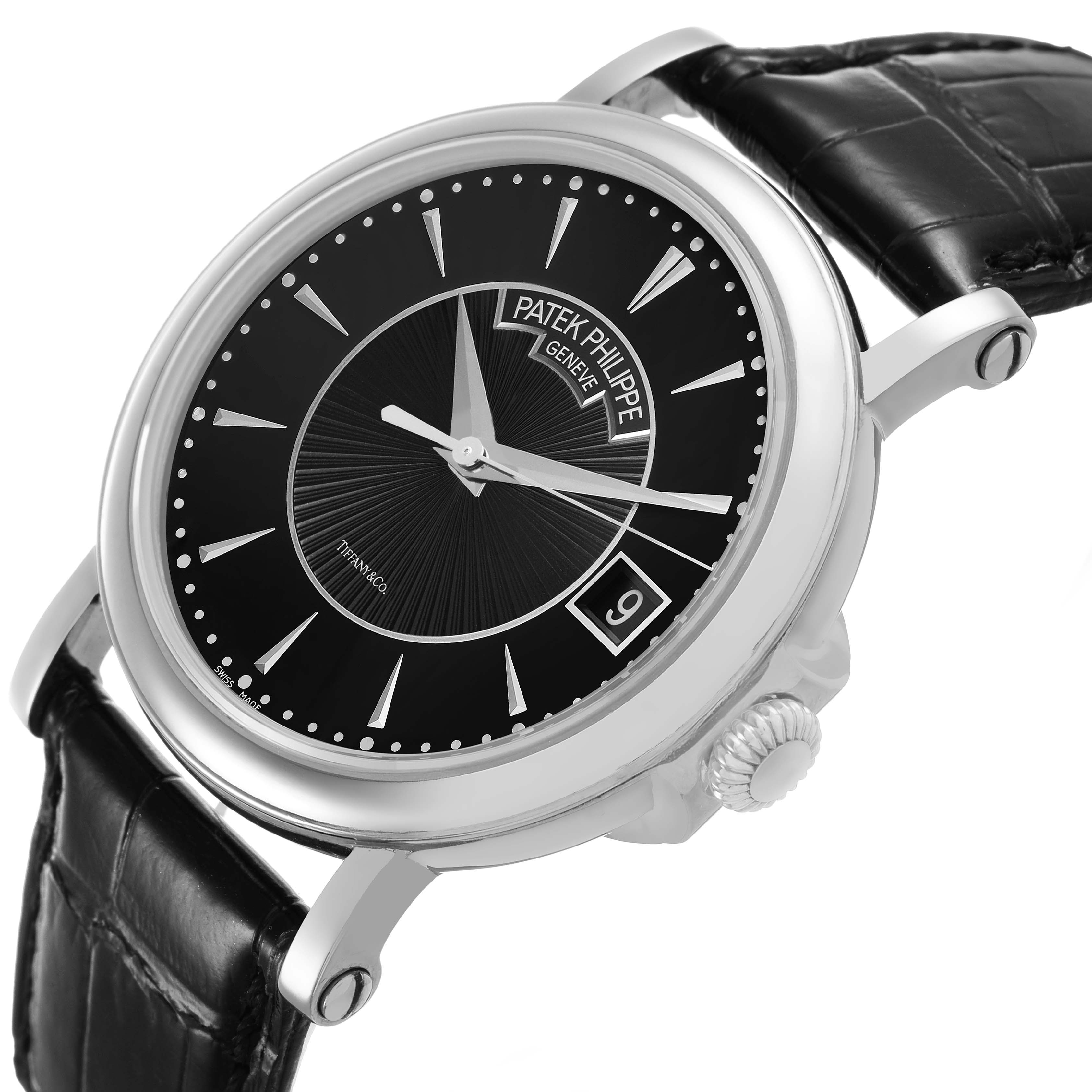 The Patek Philippe Calatrava 5153G-001 Men's White Gold Black Dial watch is shown at an angle highlighting the dial, crown, and black leather strap.