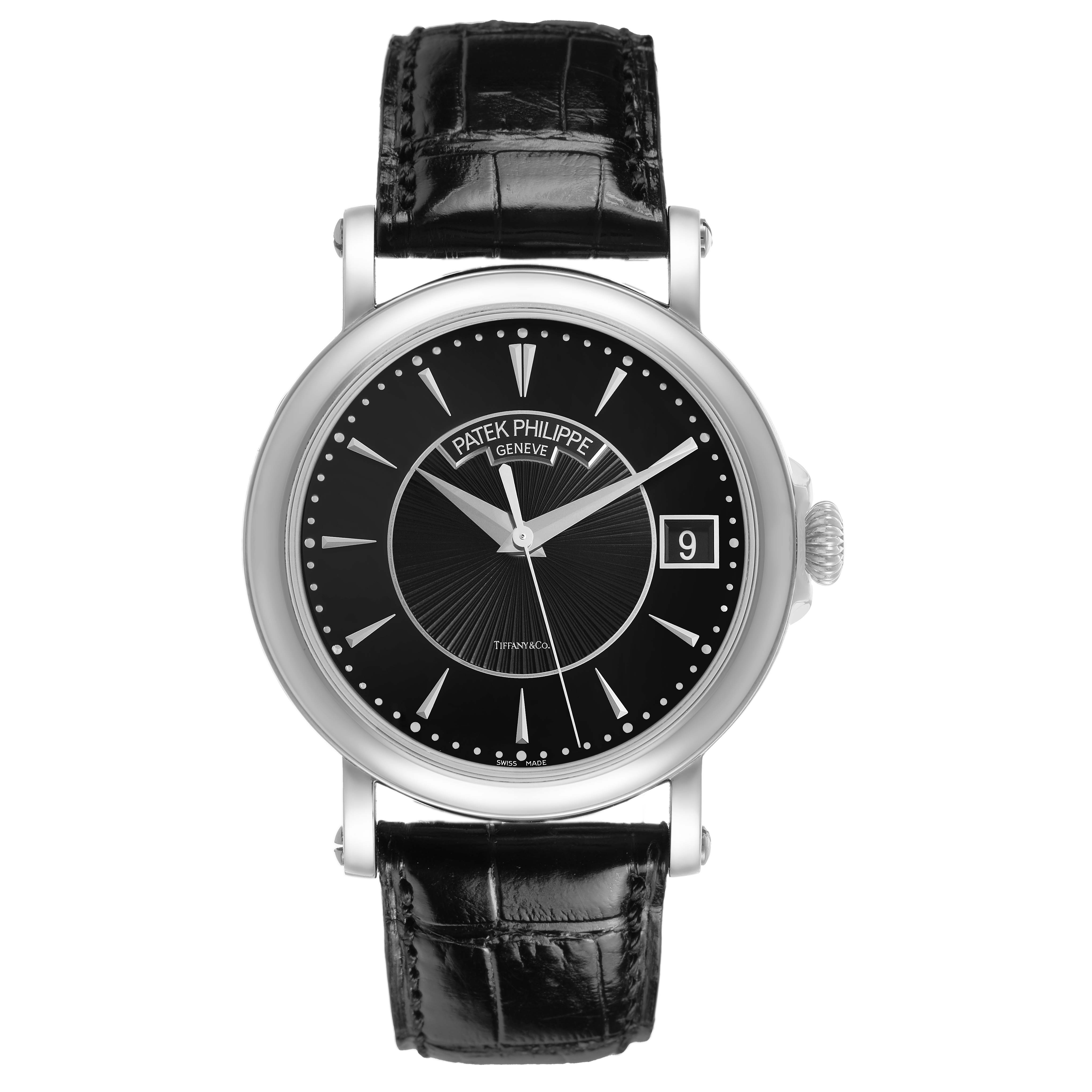 The image shows a frontal view of the Patek Philippe Calatrava 5153G-001 Men's White Gold Black Dial, highlighting the dial, hands, crown, and leather strap.