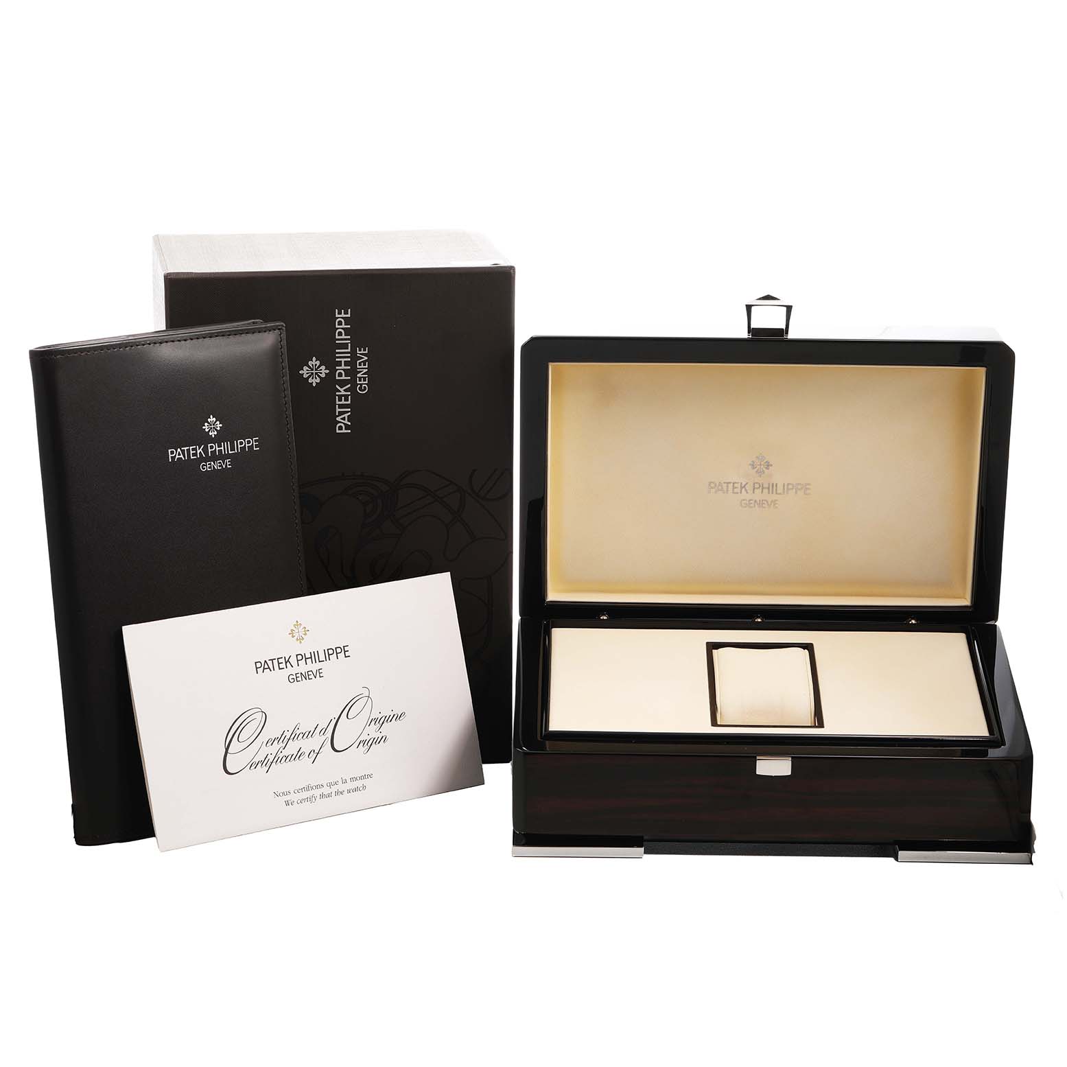 The image shows the packaging and accessories of a Patek Philippe Calatrava 5153G-001 Men's White Gold Black Dial, including the presentation box and certificate.