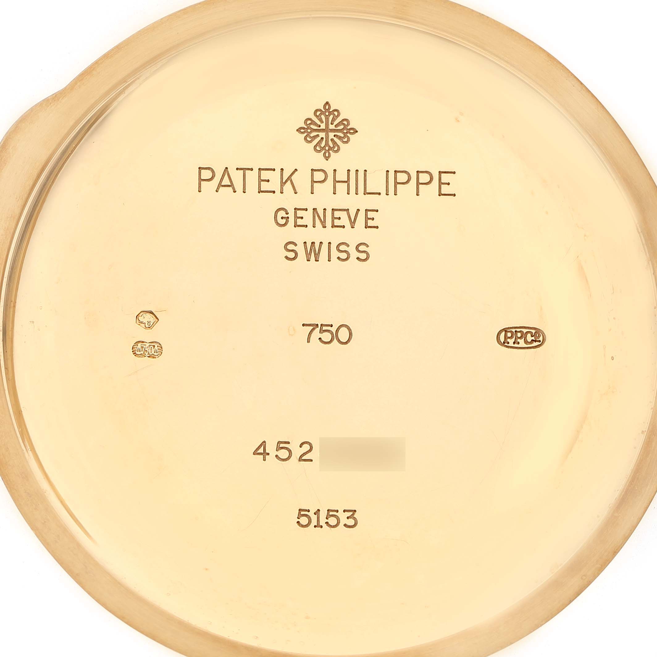 The image shows the case back of a Patek Philippe Calatrava 5153J Men's Yellow Gold Silver Dial watch, displaying hallmark engravings and model details.
