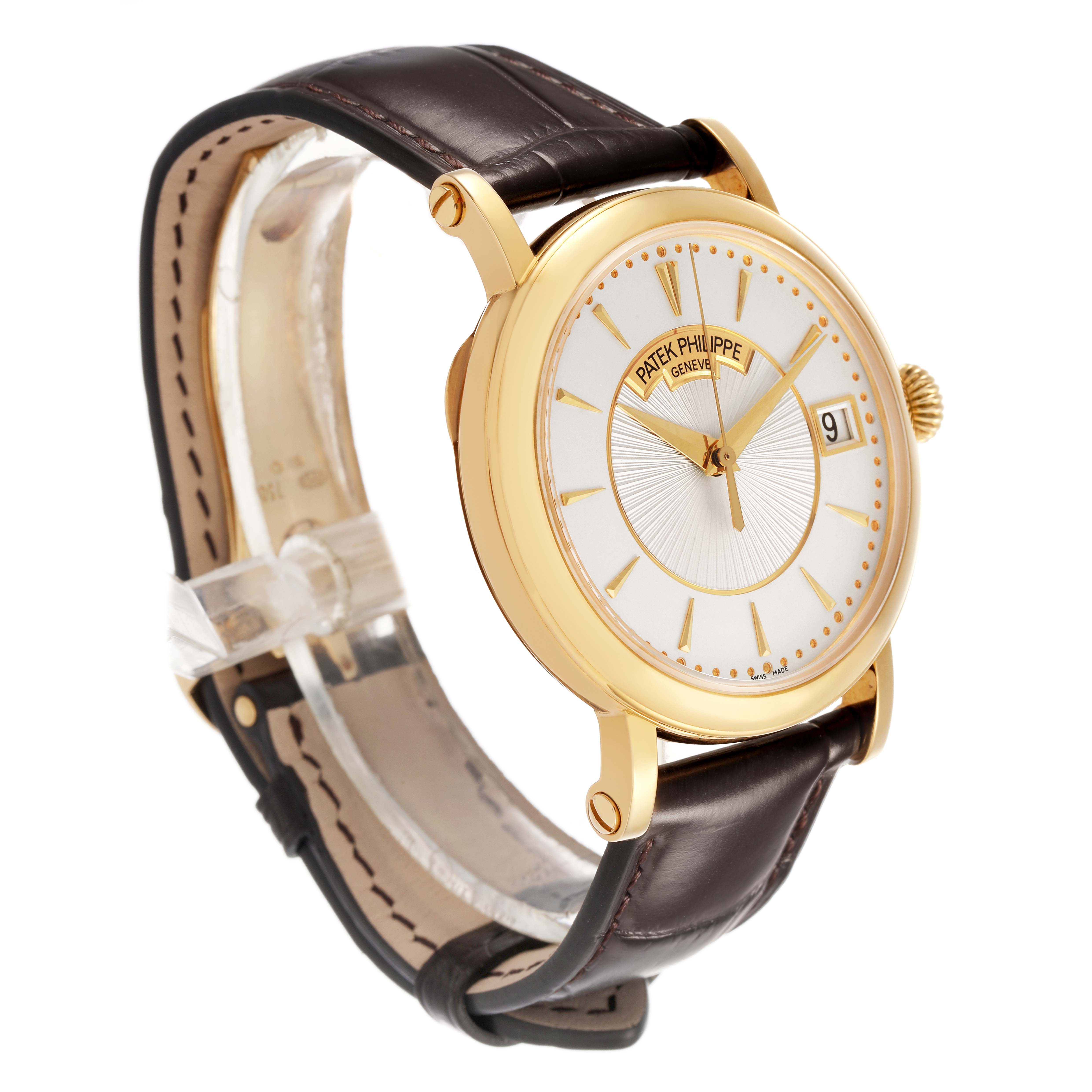 The Patek Philippe Calatrava 5153J Men's Yellow Gold Silver Dial watch is shown at a three-quarter angle, displaying the face, gold case, crown, and leather strap.