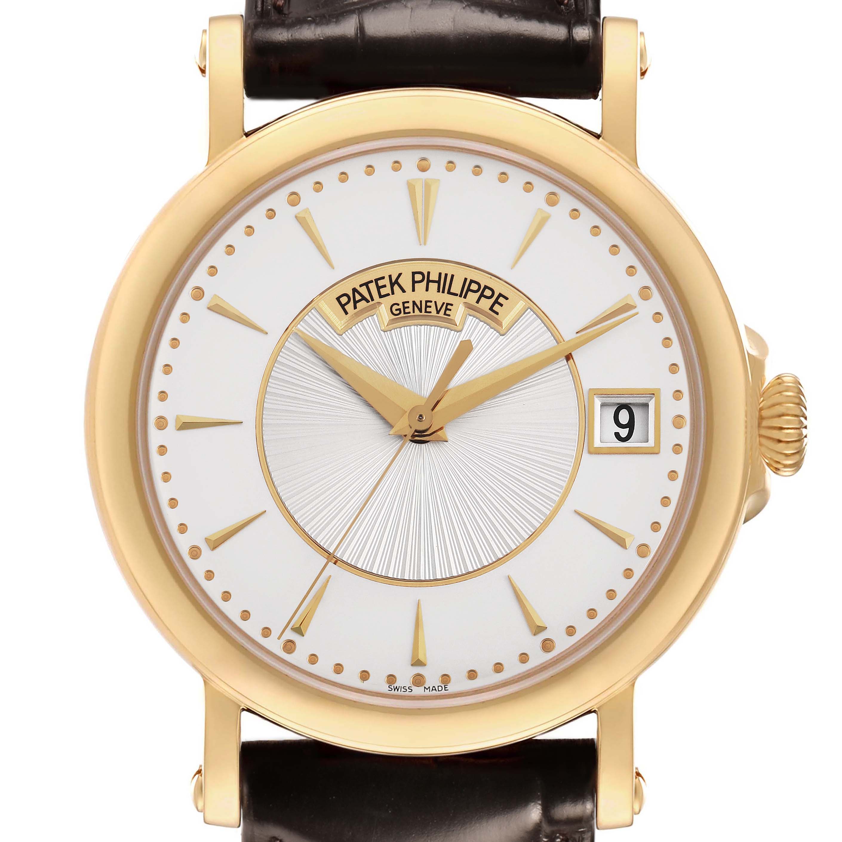 The Patek Philippe Calatrava 5153J Men's Yellow Gold Silver Dial watch is shown from the front, highlighting the dial, hands, indices, case, and strap.
