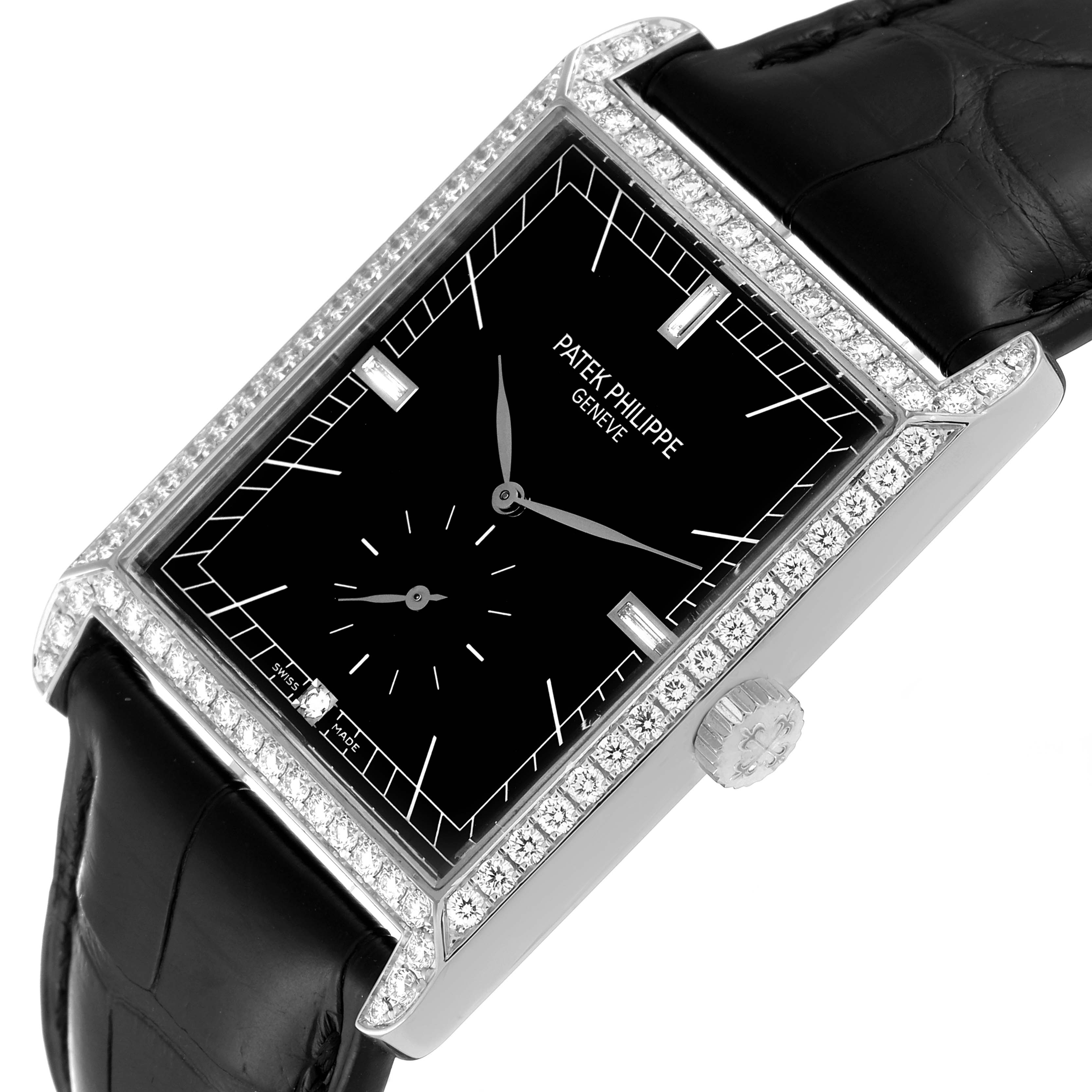 This image shows a Patek Philippe Gondolo 5112G Men's White Gold Black Dial 5112G Men's White Gold Black Dial watch from a slight angle, featuring its rectangular face, diamond-bordered case, and black leather strap.
