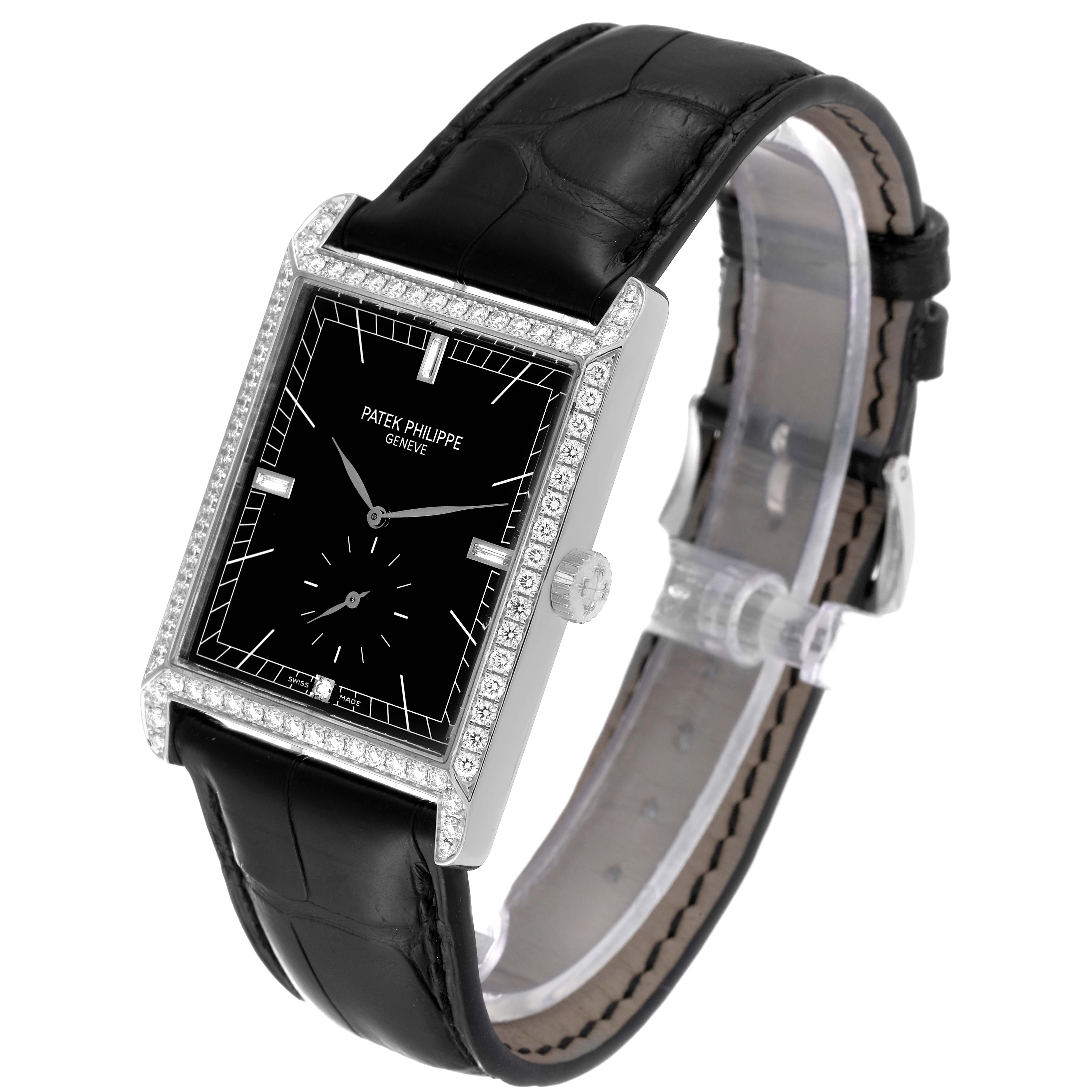 The image shows a Patek Philippe Gondolo 5112G Men's White Gold Black Dial 5112G Men's White Gold Black Dial watch at a three-quarter angle, highlighting its rectangular face, leather strap, and diamond-set bezel.