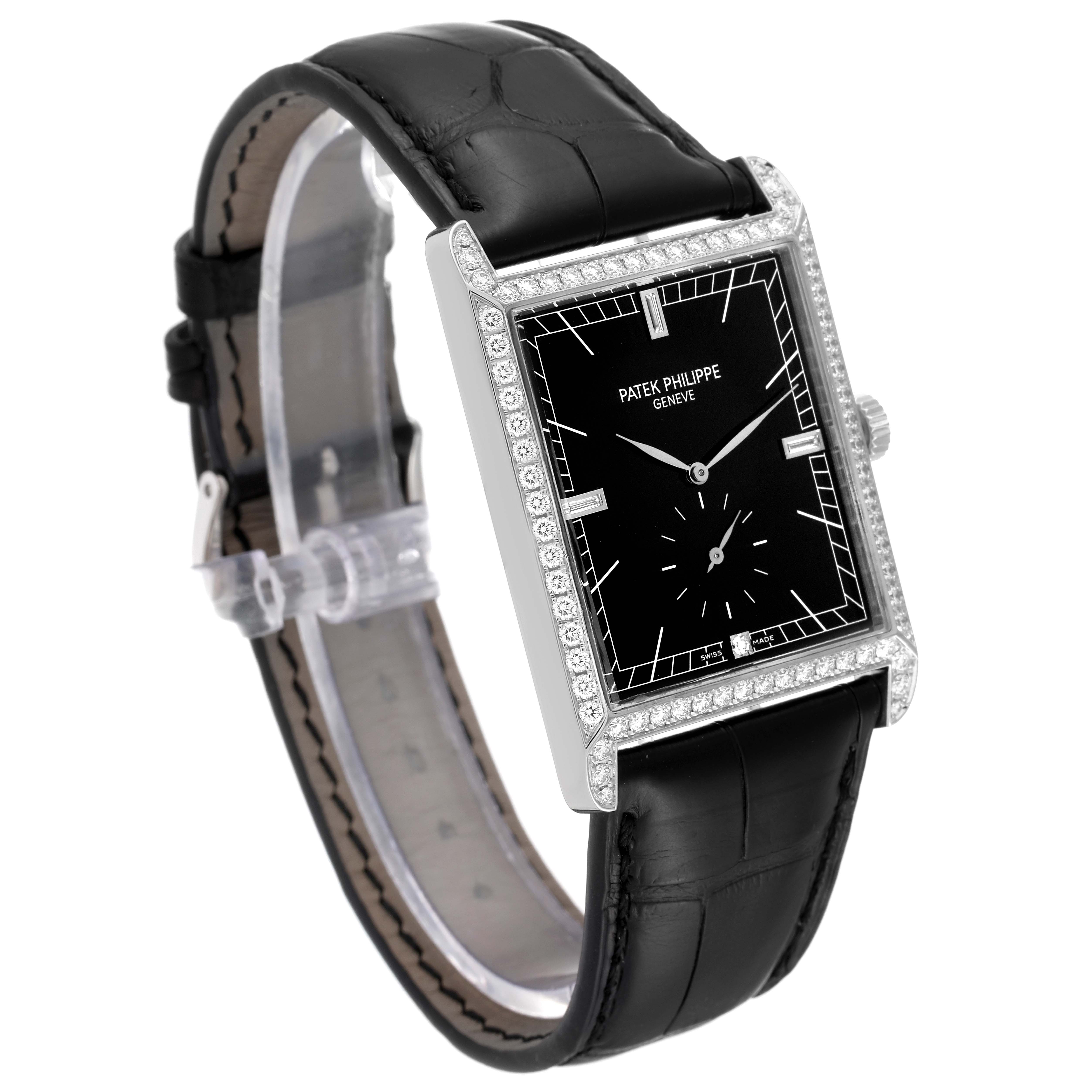 This image shows a Patek Philippe Gondolo 5112G Men's White Gold Black Dial 5112G Men's White Gold Black Dial watch at a slight angle, displaying the front face and part of the black leather strap.