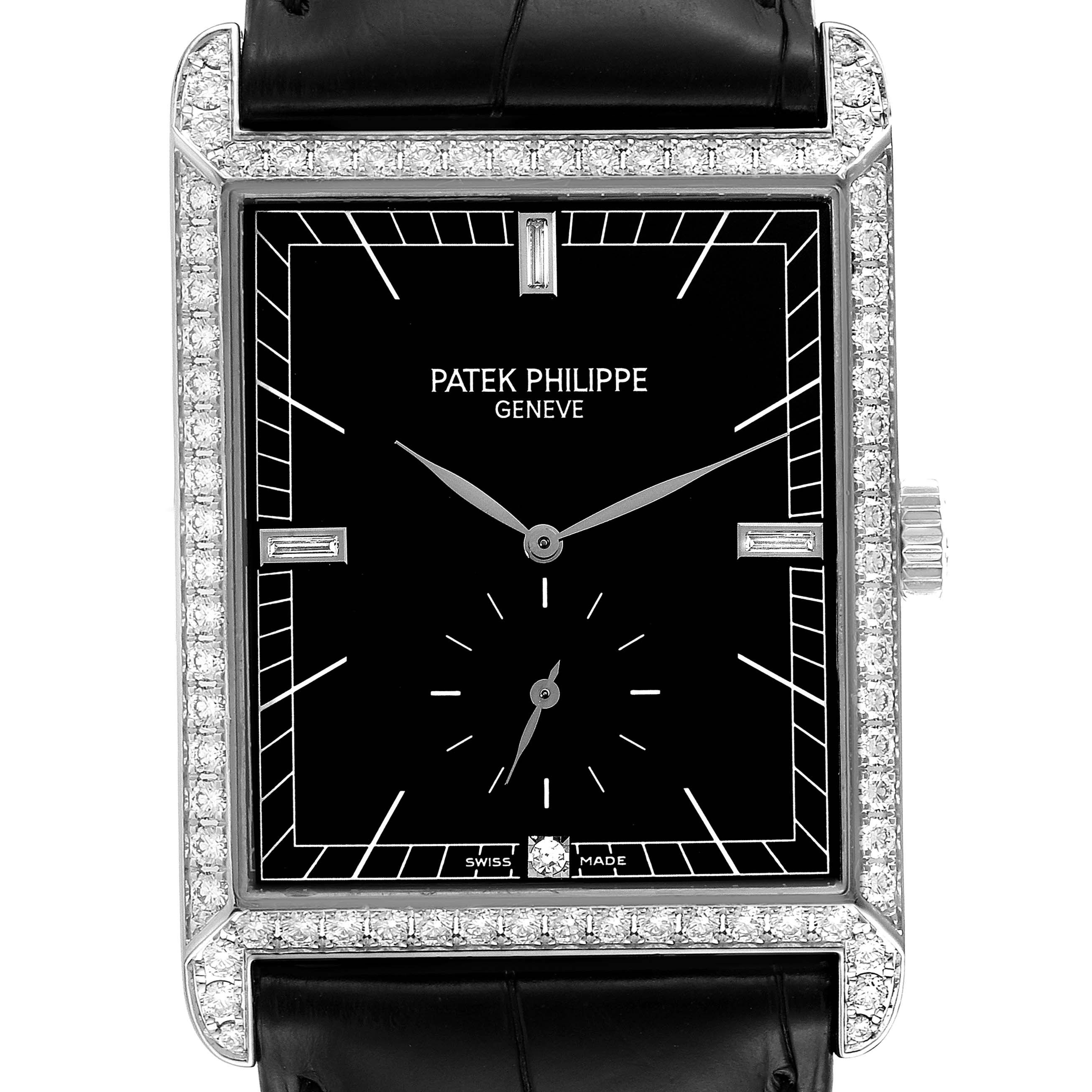 This image shows a front view of the Patek Philippe Gondolo 5112G Men's White Gold Black Dial 5112G Men's White Gold Black Dial watch, featuring a black dial and a diamond-studded rectangular bezel.