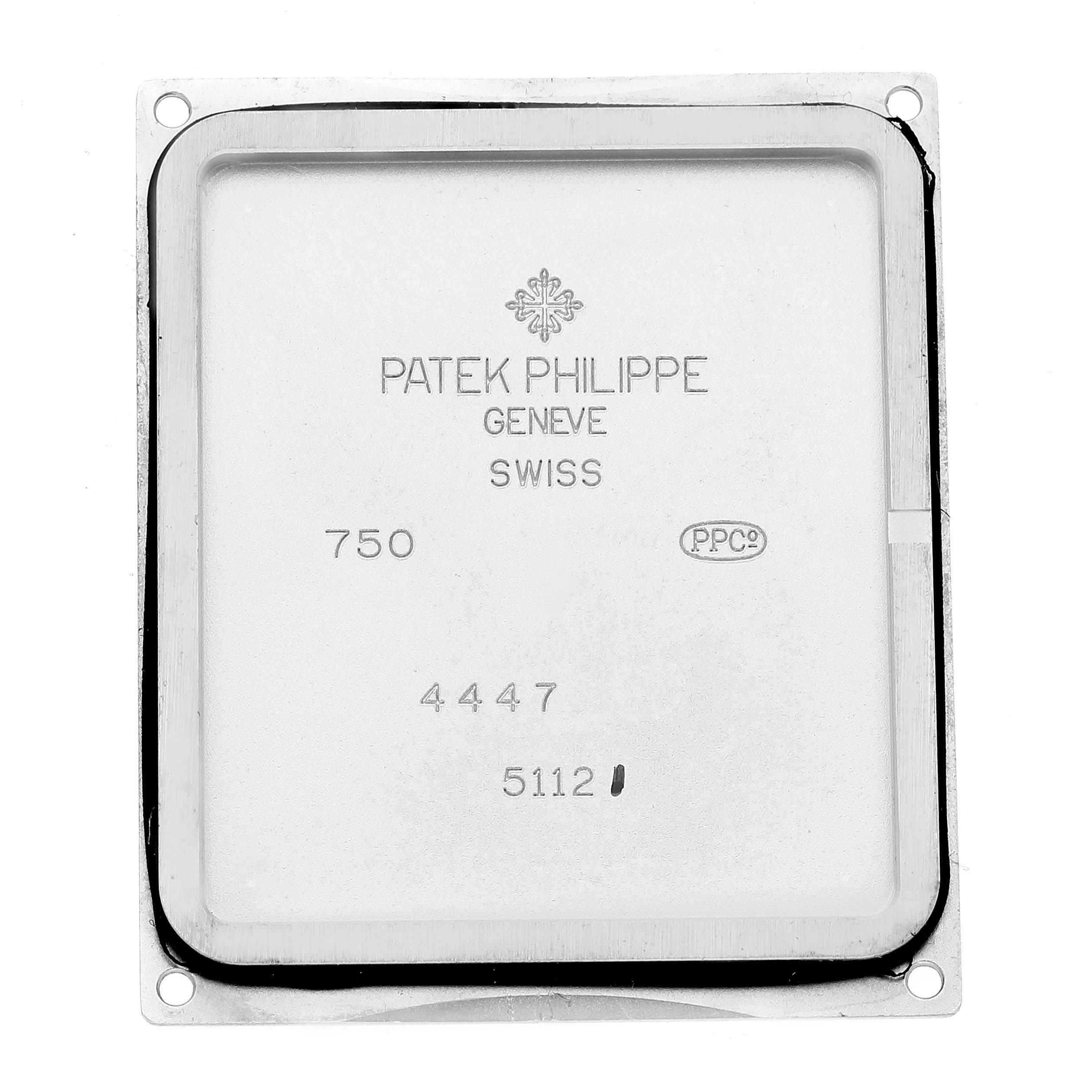 This image shows the case back of the Patek Philippe Gondolo 5112G Men's White Gold Black Dial 5112G Men's White Gold Black Dial watch, displayed from the inner side.