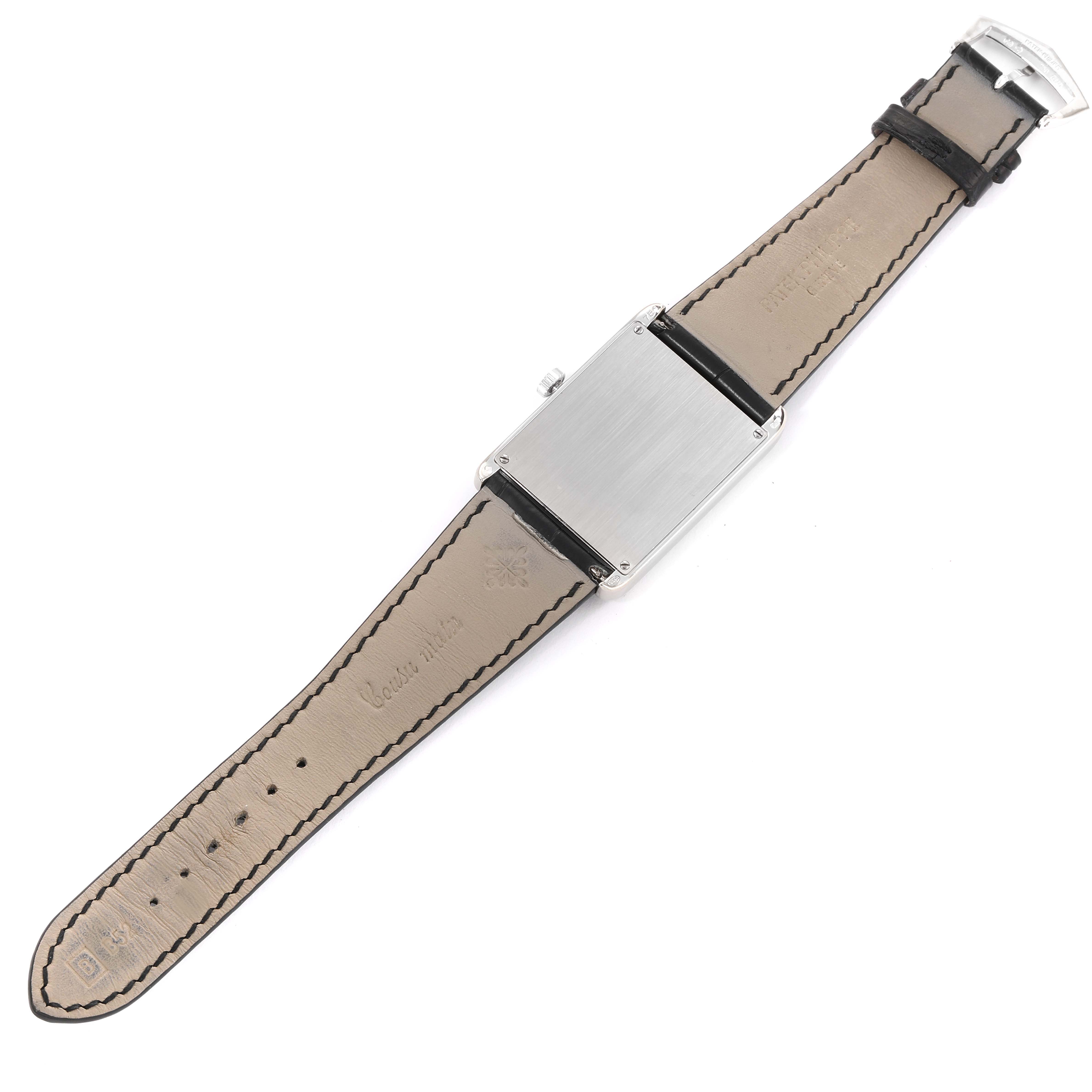 This image shows the back view of the Patek Philippe Gondolo 5112G Men's White Gold Black Dial 5112G Men's White Gold Black Dial watch, highlighting the leather strap and rectangular case back.