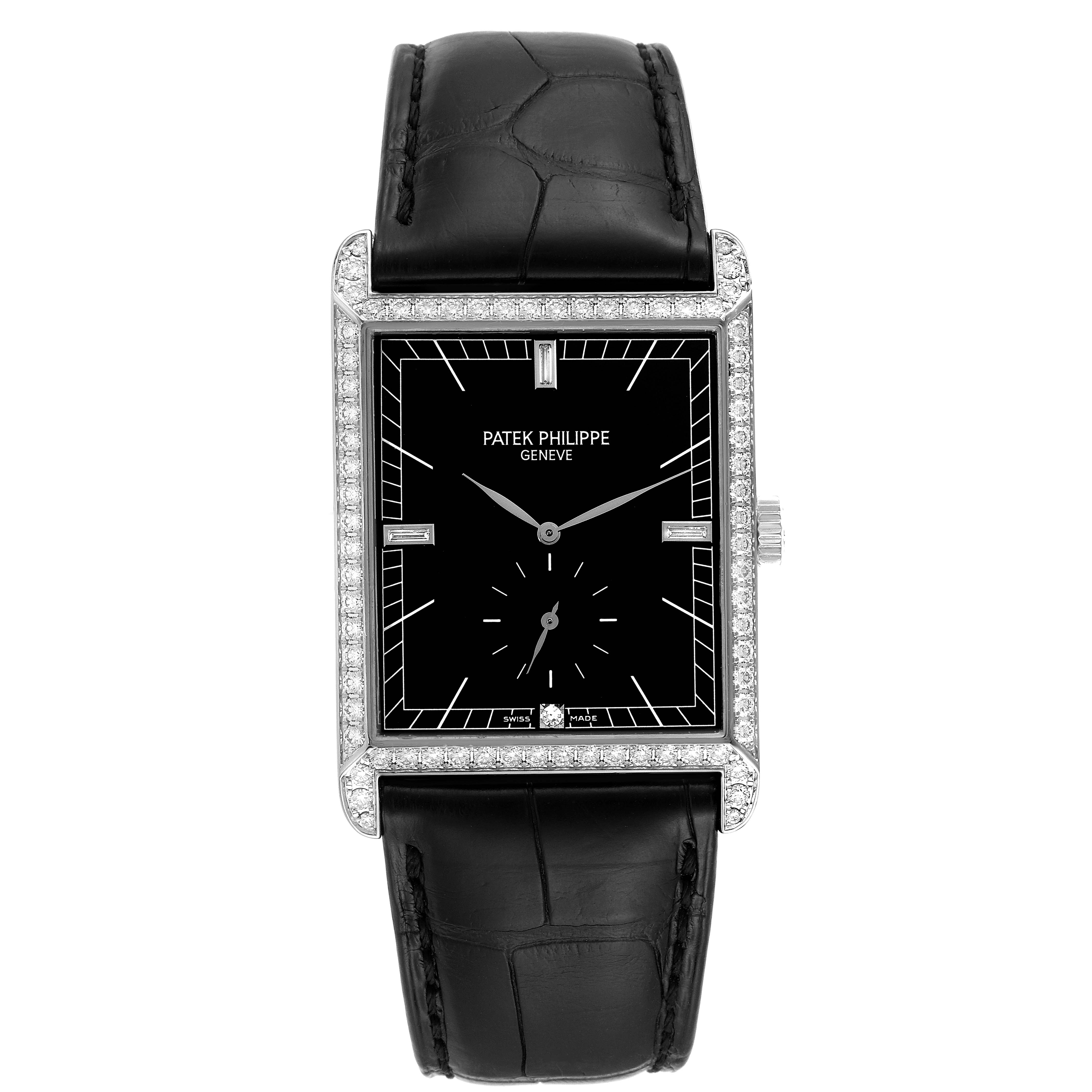 The image shows a front view of the Patek Philippe Gondolo 5112G Men's White Gold Black Dial 5112G Men's White Gold Black Dial watch, highlighting its rectangular face, leather strap, and diamond-encrusted bezel.