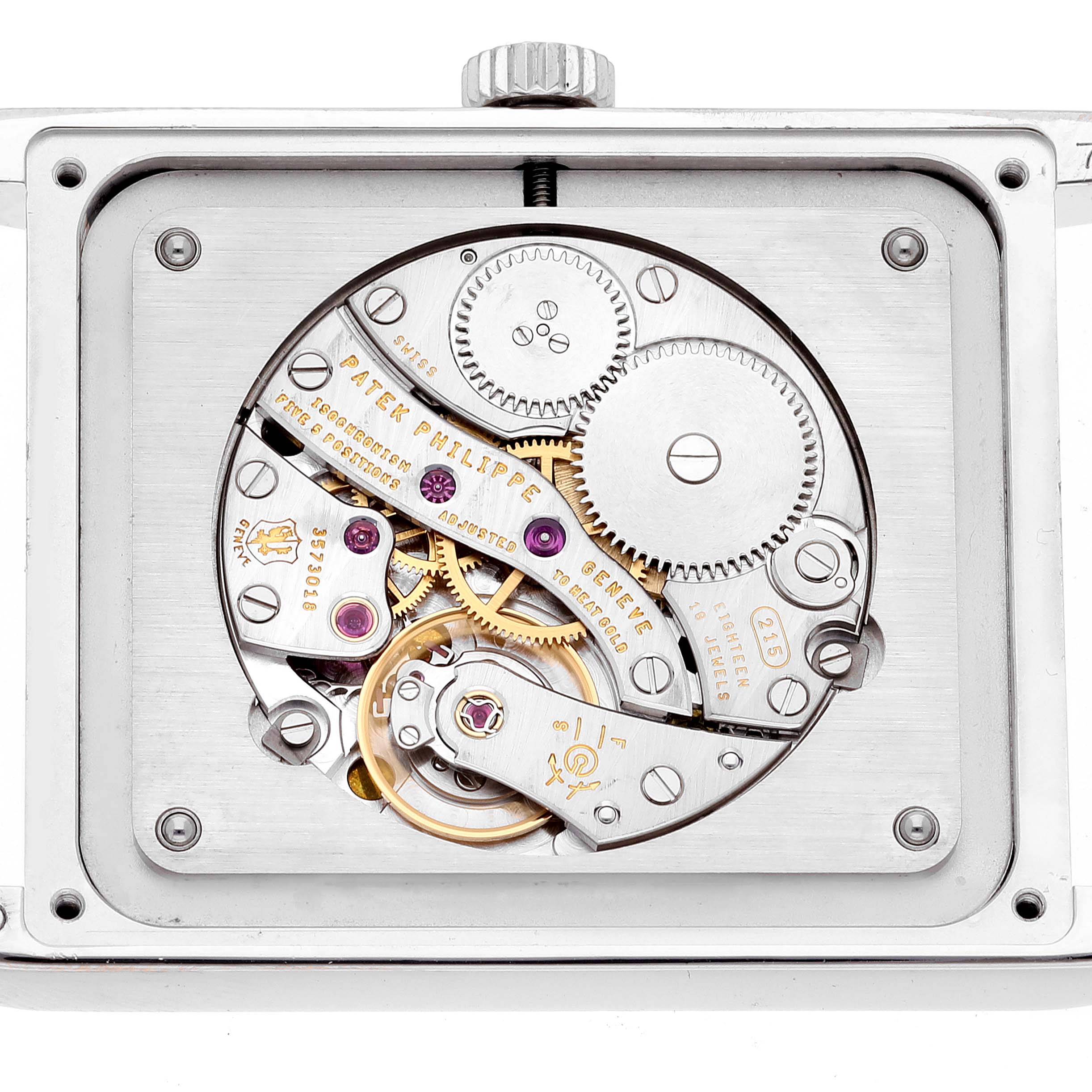The image shows the inner mechanism of a Patek Philippe Gondolo 5112G Men's White Gold Black Dial 5112G Men's White Gold Black Dial watch, focusing on its gears and intricate components.