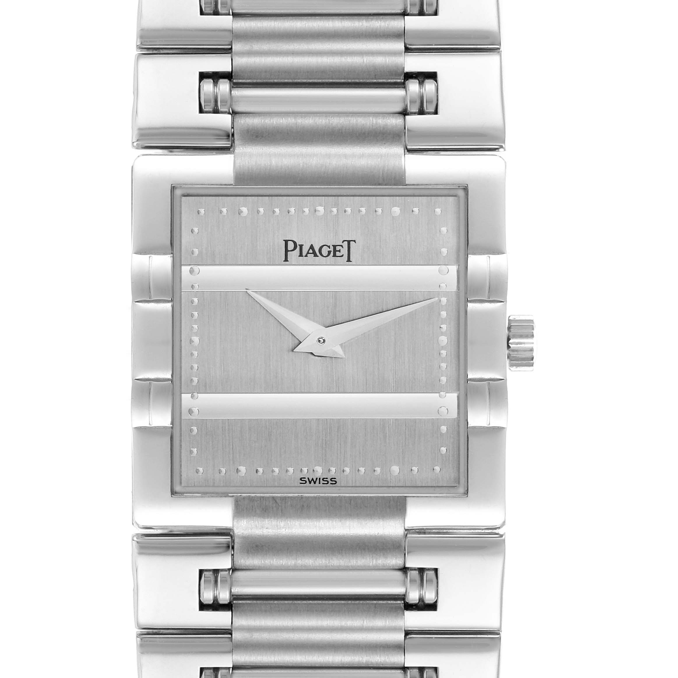 The Piaget 91317 Women
s White Gold Silver Dial Dancer 91317 watch is shown from a front angle, highlighting the rectangular face, bracelet, and crown.