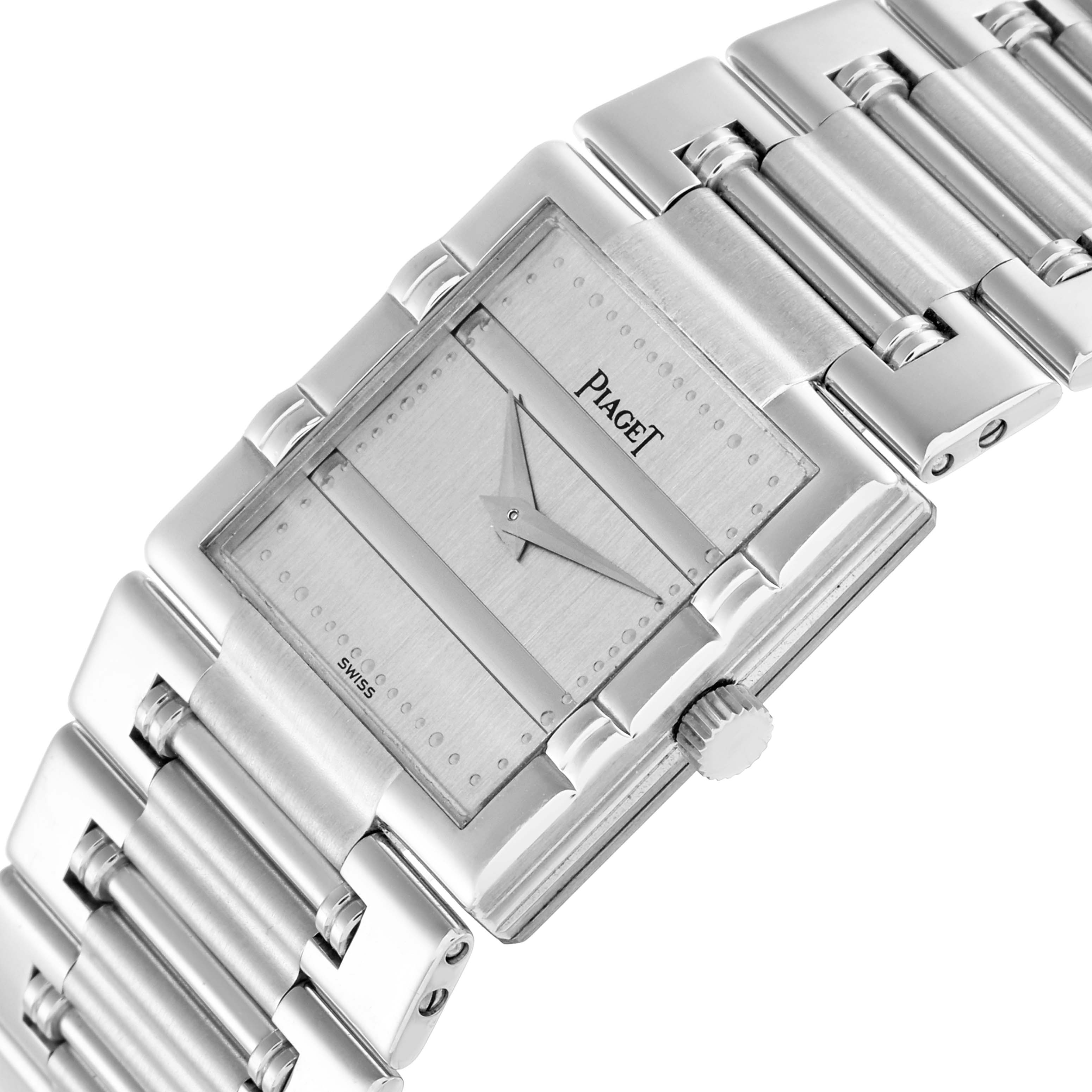 The Piaget 91317 Women
s White Gold Silver Dial Dancer 91317 watch is shown at an angle highlighting its rectangular dial, bracelet, and side crown.
