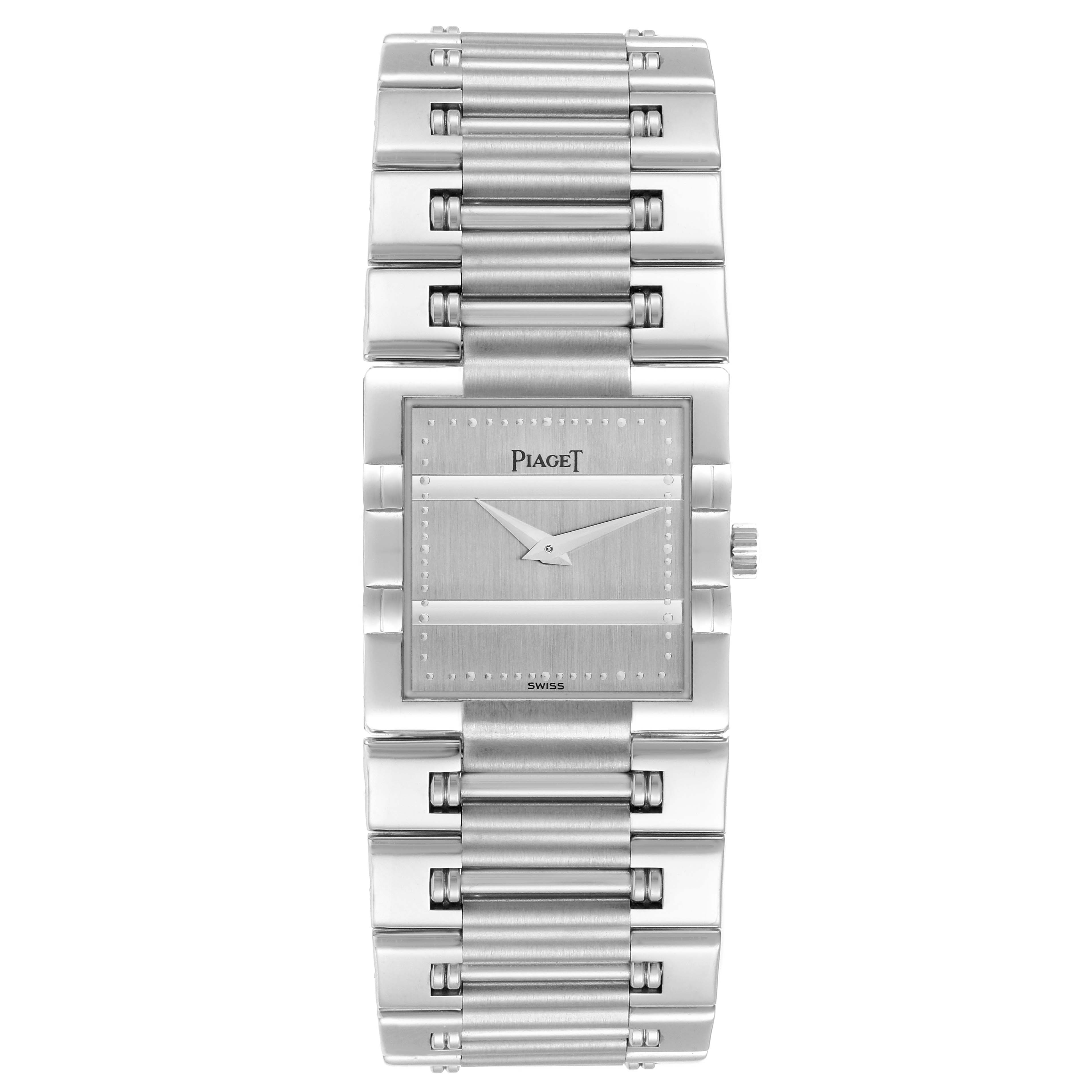 The Piaget 91317 Women
s White Gold Silver Dial Dancer 91317 watch is shown from a top-down angle, displaying the dial, bezel, bracelet, and crown.