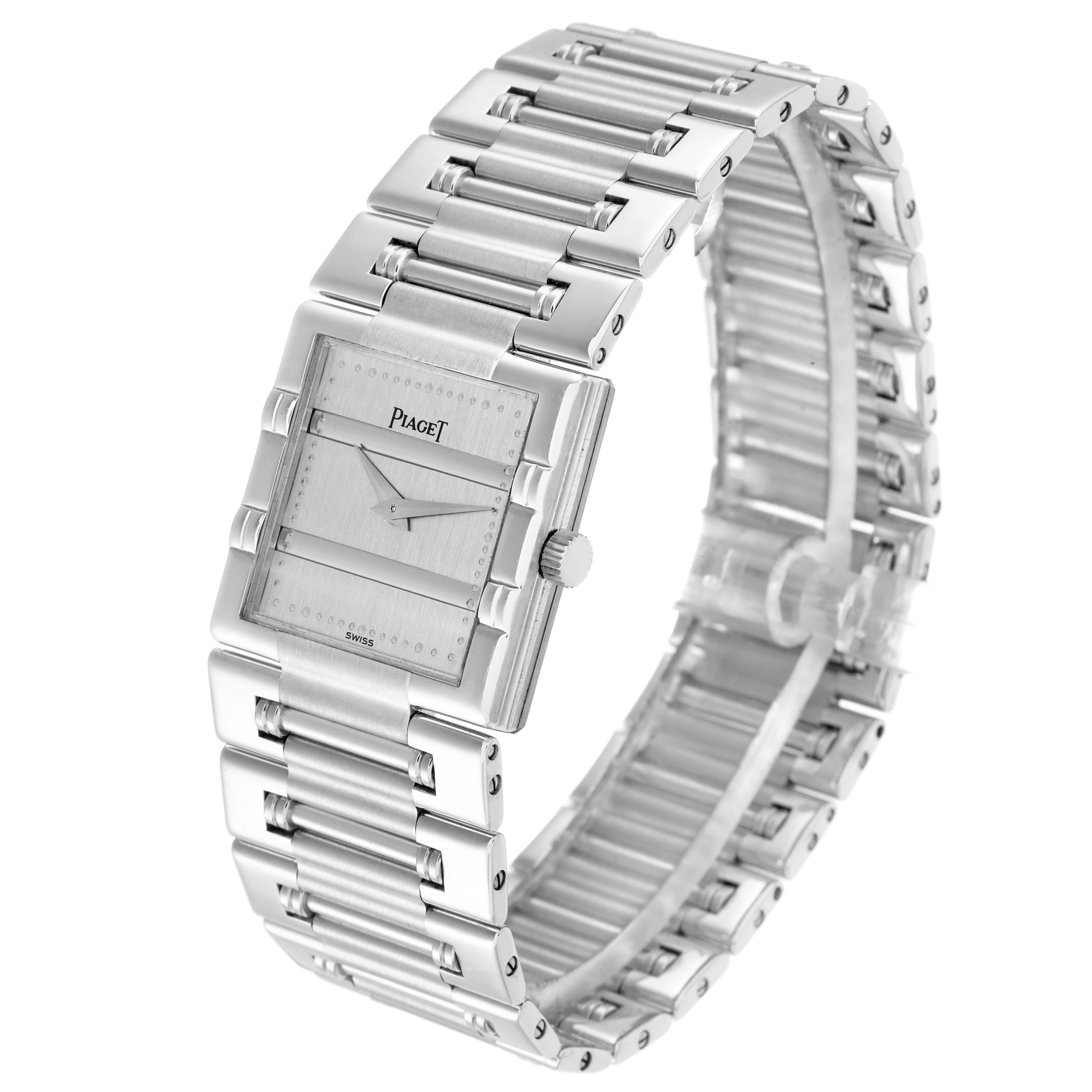 The Piaget 91317 Women
s White Gold Silver Dial Dancer White Gold Ultra Thin Vintage Ladies Watch 91317 is shown at a front angle highlighting its face, bracelet, and crown.