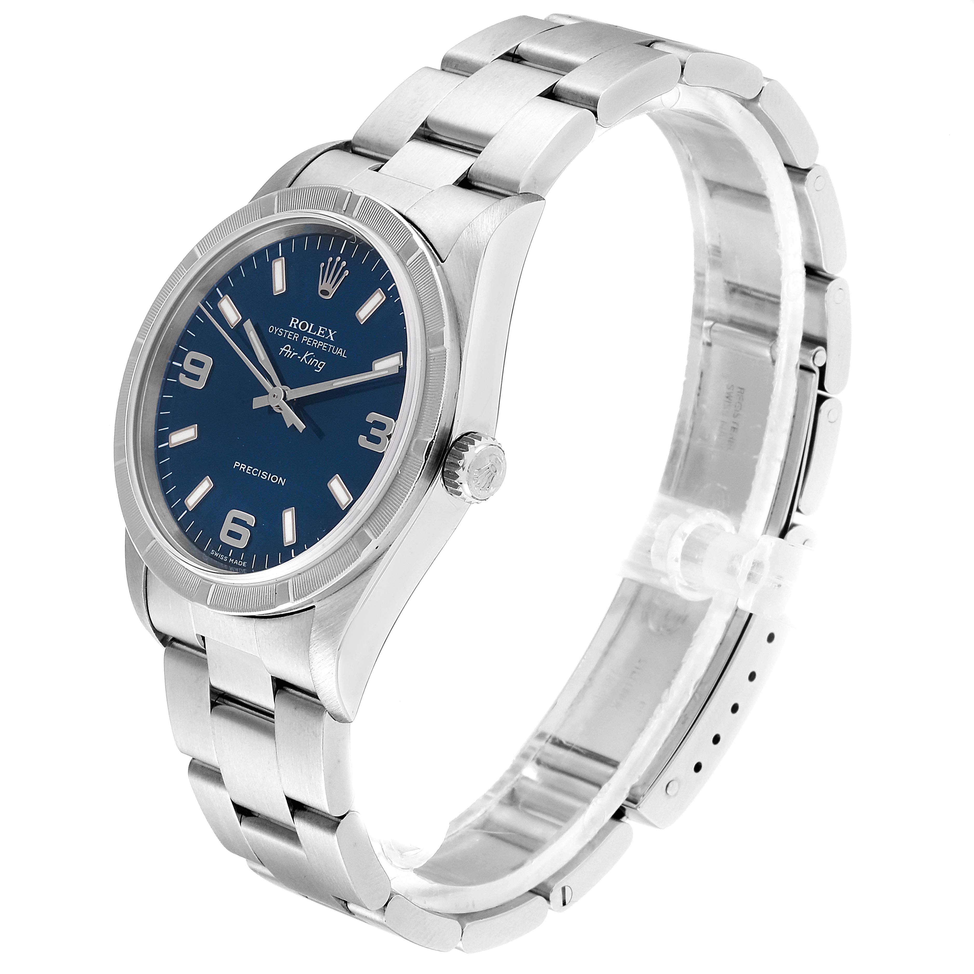 This image shows a side angle view of the Rolex Air-King 14010 Men's Stainless Steel Blue Dial 14010 Men's Stainless Steel Blue Dial watch, highlighting the bracelet, case, bezel, dial, and crown.