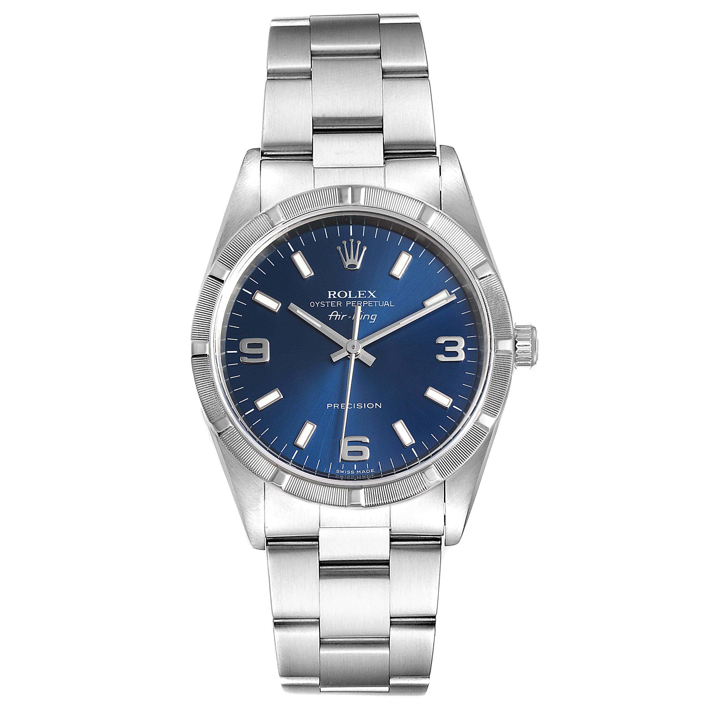 This photo shows a Rolex Air-King 14010 Men's Stainless Steel Blue Dial 14010 Men's Stainless Steel Blue Dial watch from a front angle, highlighting the dial, hands, bezel, and bracelet.