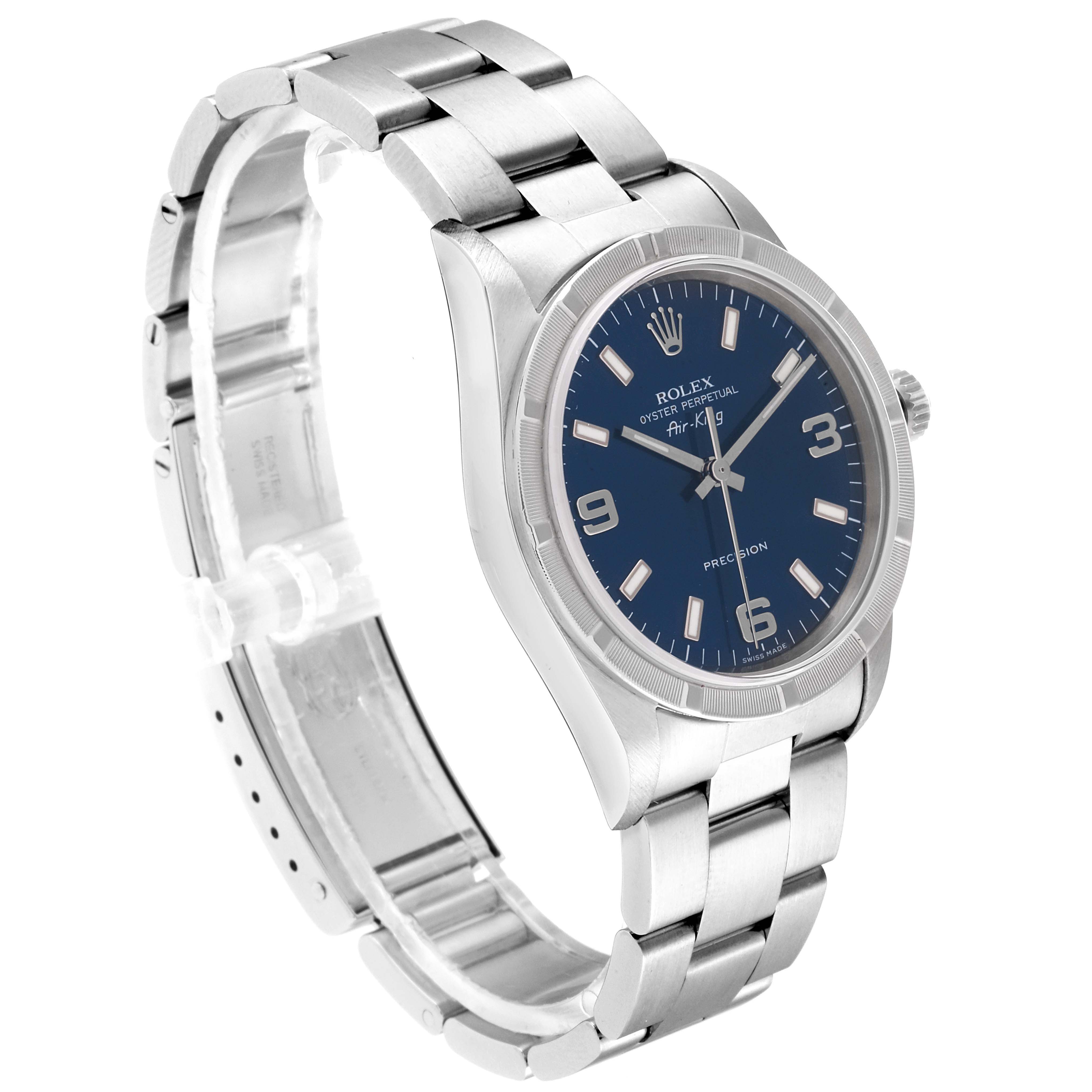 This image shows Rolex Air-King 14010 Men's Stainless Steel Blue Dial 14010 Men's Stainless Steel Blue Dial watch at a slight angle, displaying its face, bezel, and bracelet.