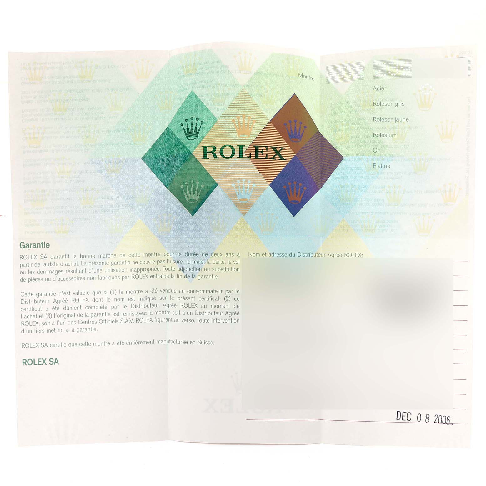 This image shows a warranty card for a Rolex Air-King 14010 Men's Stainless Steel Blue Dial 14010 Men's Stainless Steel Blue Dial watch, with the brand name and guarantee details visible.