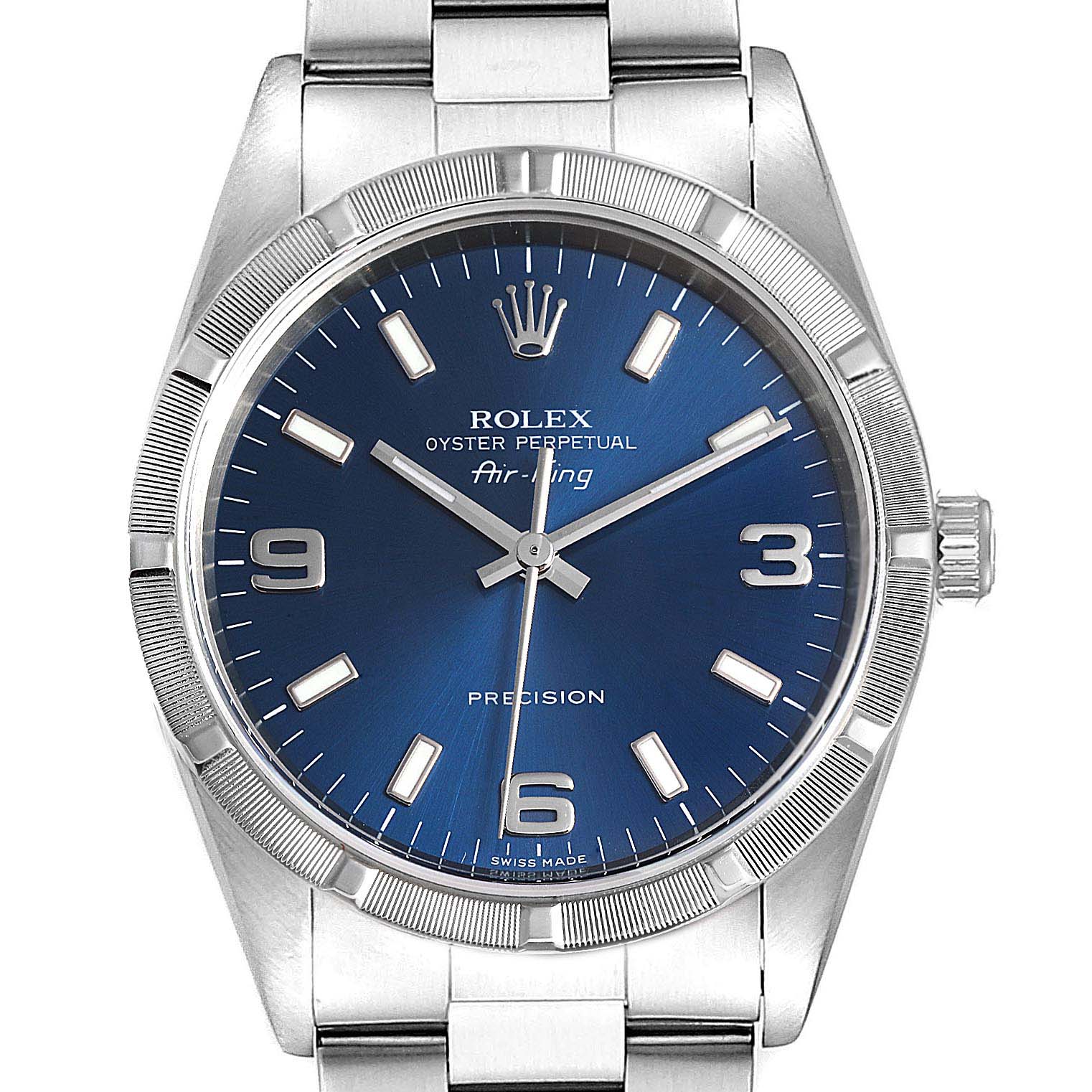 The image shows a Rolex Air-King 14010 Men's Stainless Steel Blue Dial 14010 Men's Stainless Steel Blue Dial watch from a front angle, highlighting its dial, hands, and bezel.